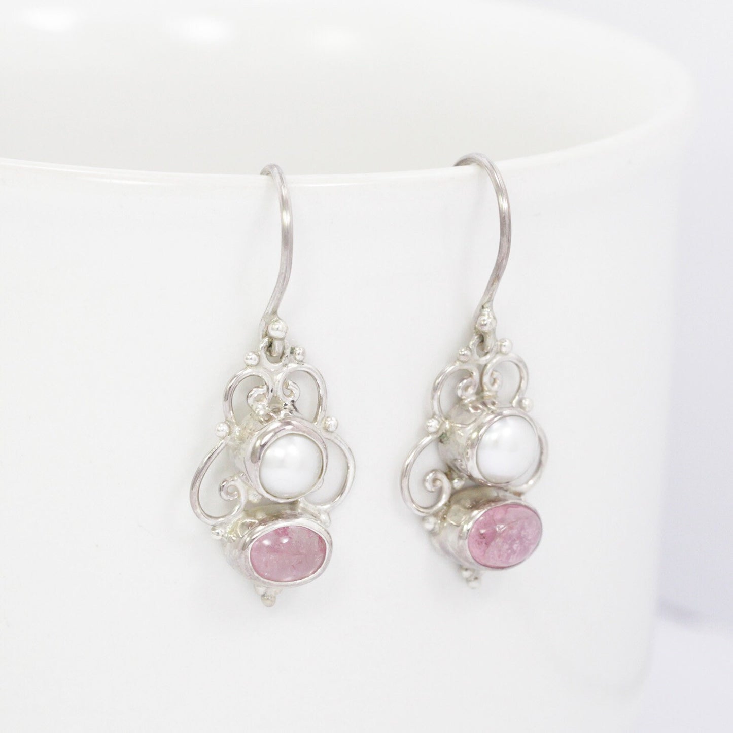 pink tourmaline earrings 925 sterling silver with genuine freshwater pearl and filigree ornament