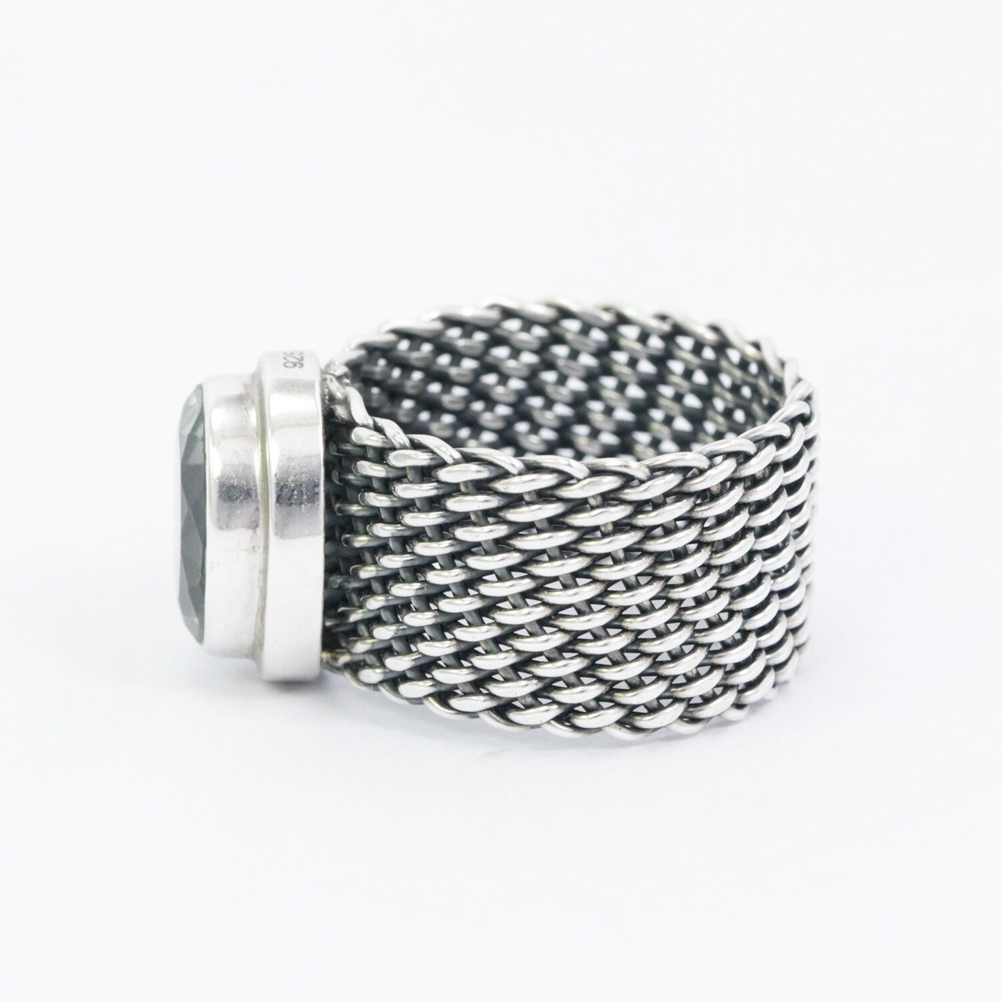 Green Amethyst ring 925 sterling silver With woven chain bezel