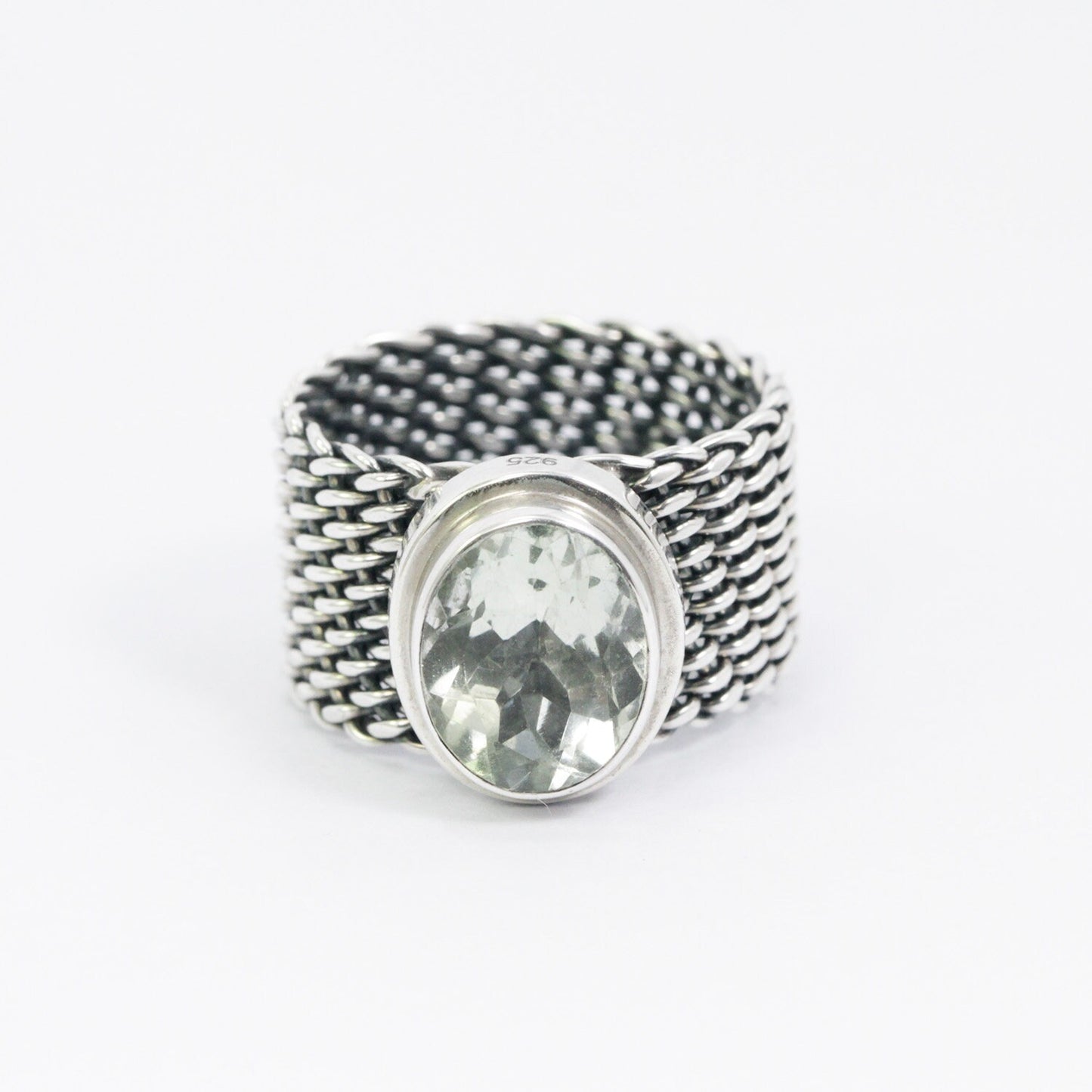 Green Amethyst ring 925 sterling silver With woven chain bezel