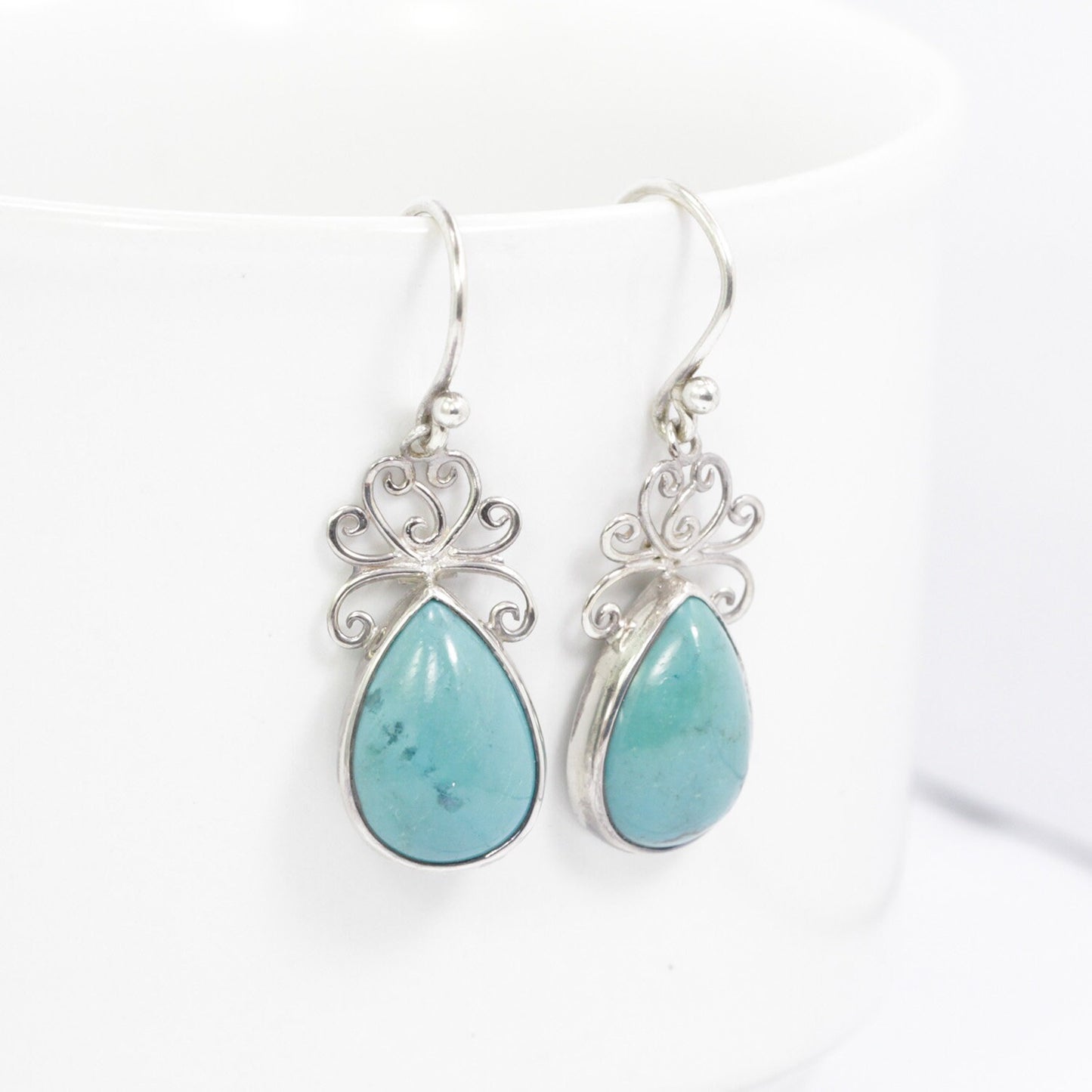 Teardrop Turquoise Earrings 925 Sterling Silver Decorated with Handmade Filigree Bezel