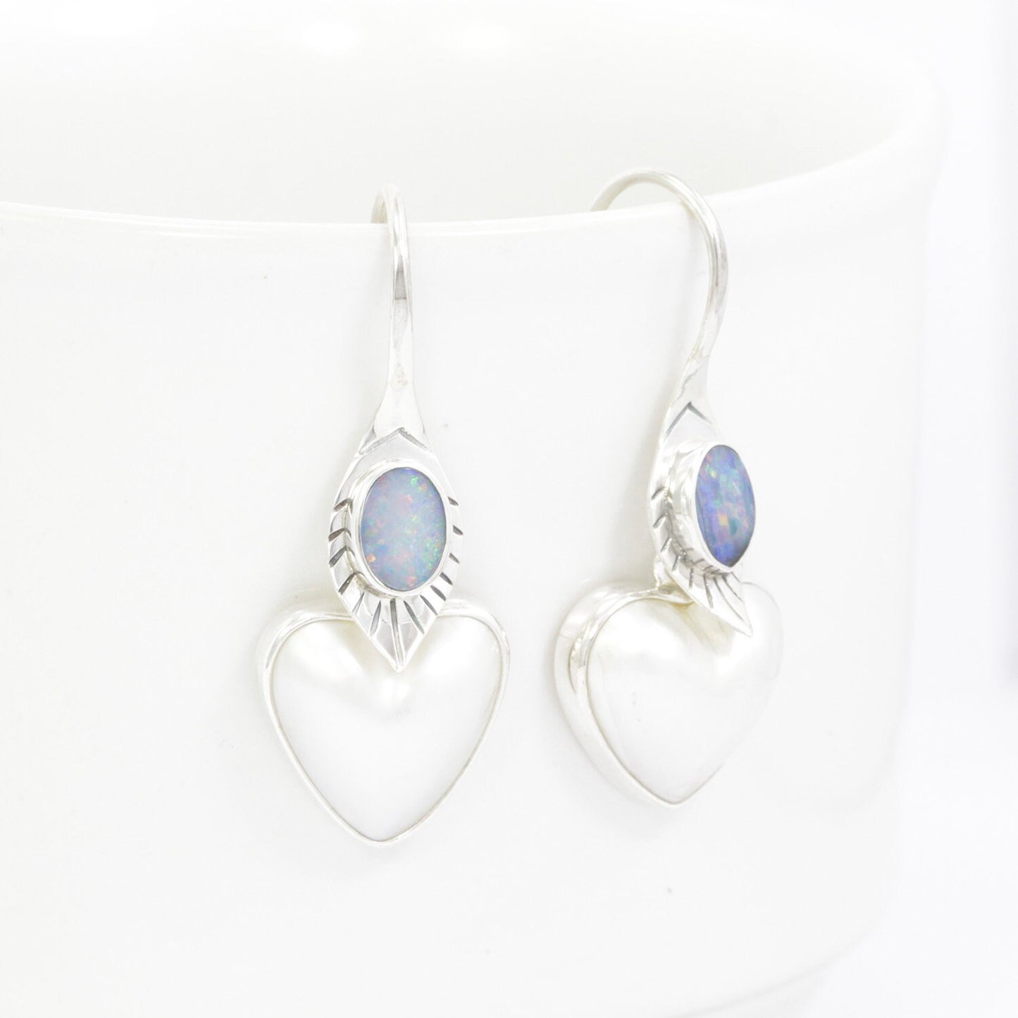 Opal pearl earrings 925 sterling silver with genuine heart mabe pearl