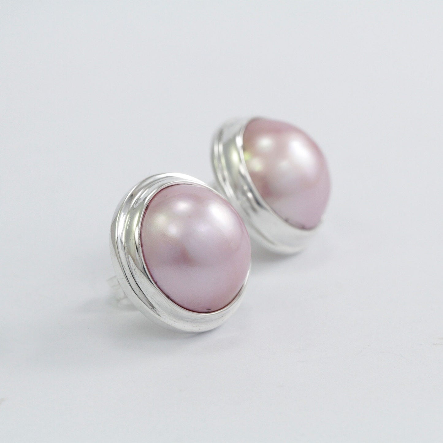 Pink mabe Pearl Earrings 925 Sterling Silver 15 mm wide with Double Bezel handmade Setting