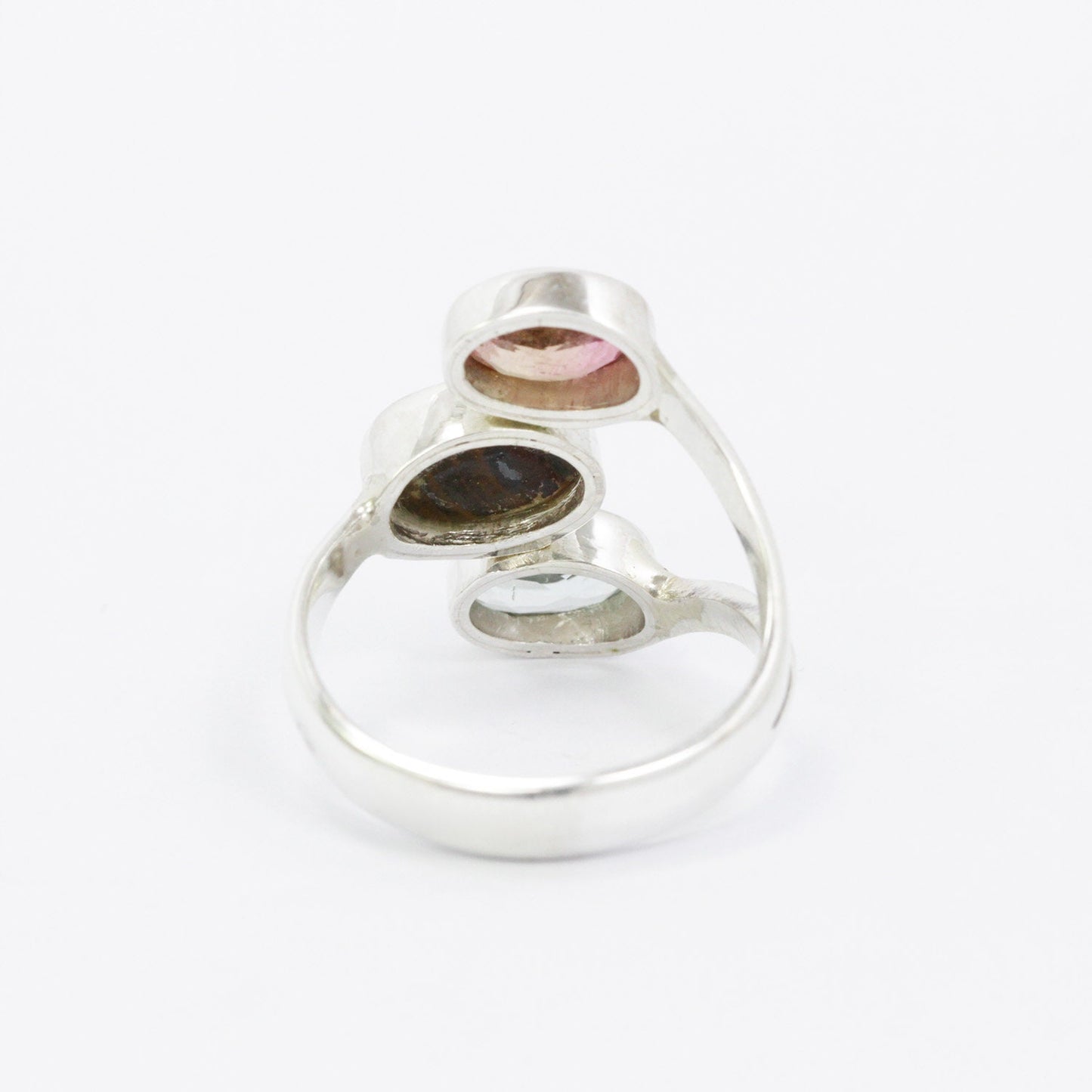 Three stone ring 925 sterling silver bypass with natural Pink and green tourmaline,