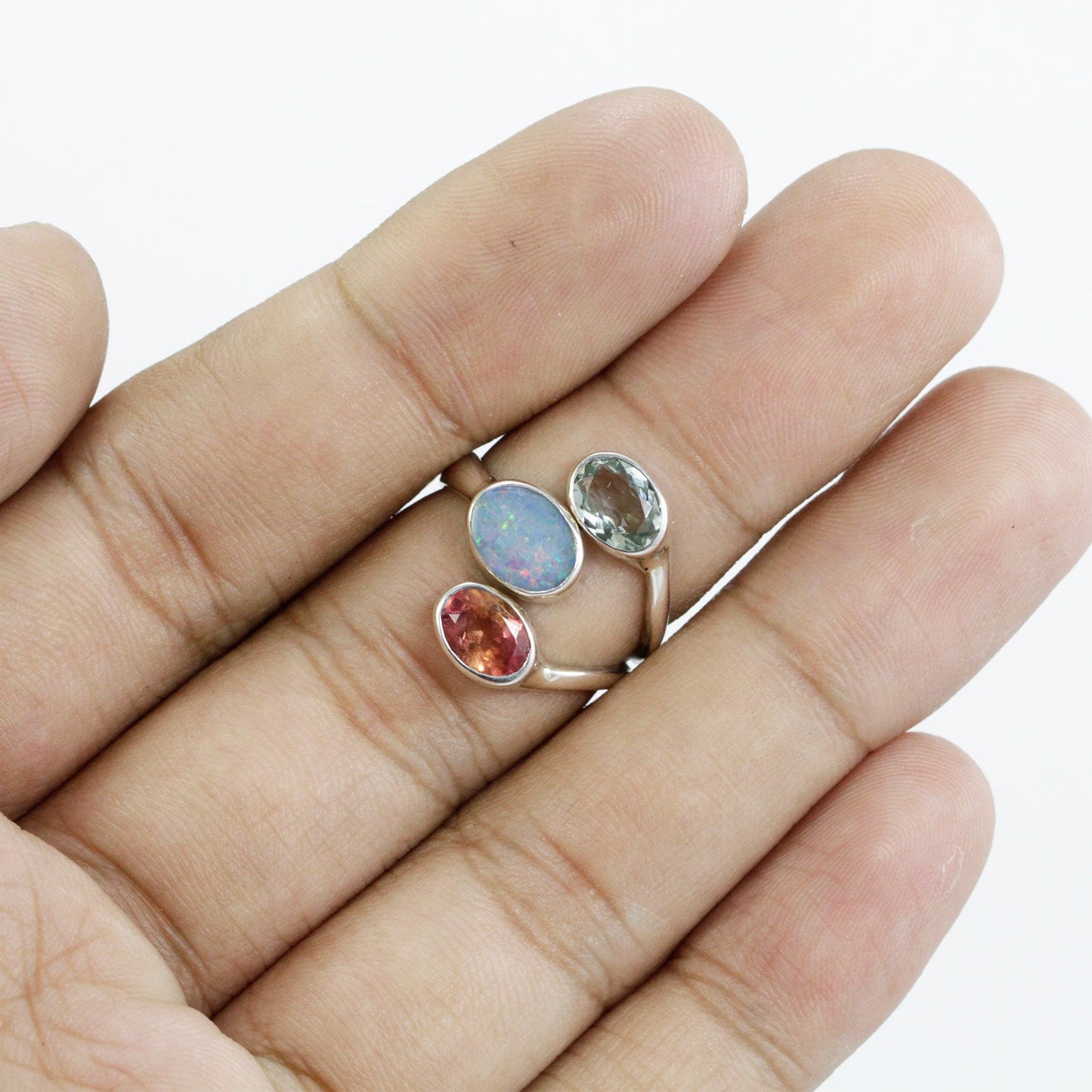 Three stone ring 925 sterling silver bypass with natural Pink and green tourmaline,