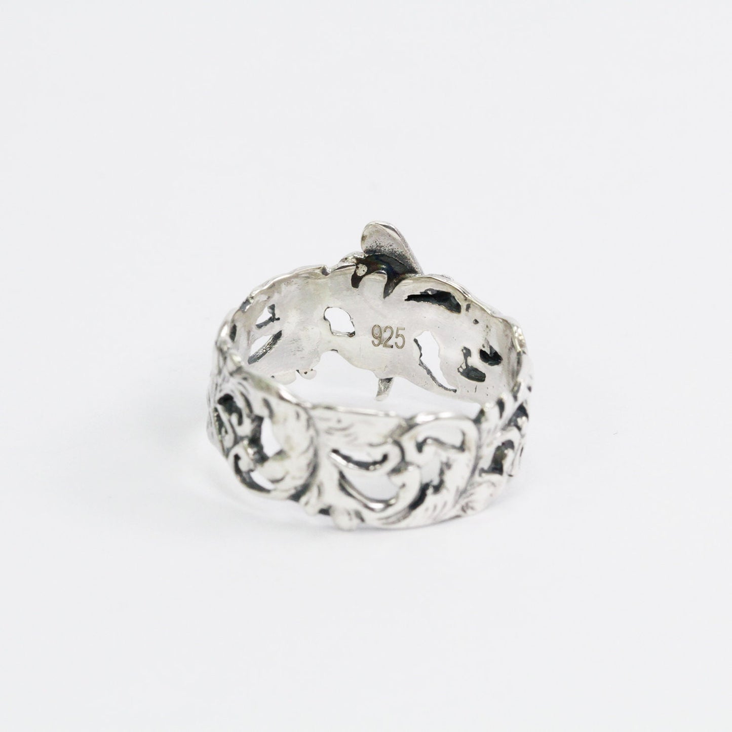 Wide band ring 925 sterling silver with floral ornament and dragonfly