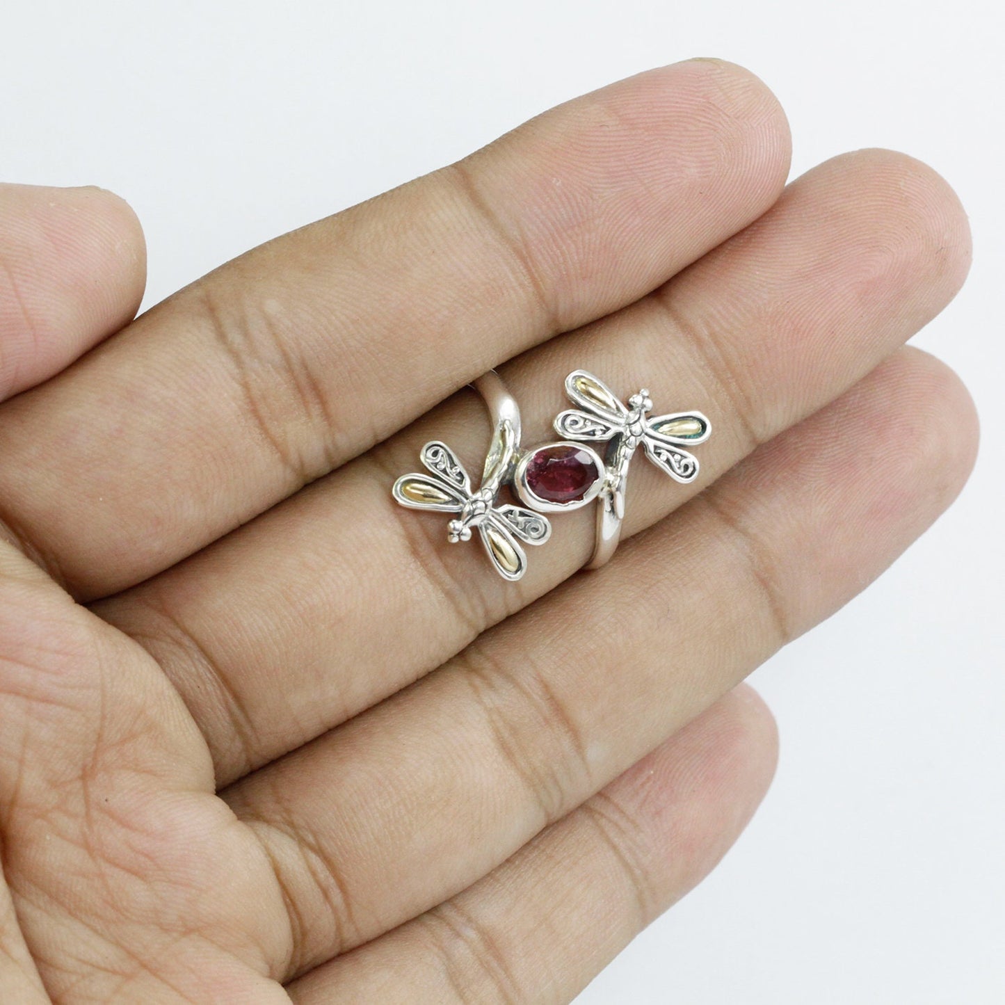 bypass ring 925 sterling silver and 18K gold with tourmaline and filigree dragonfly