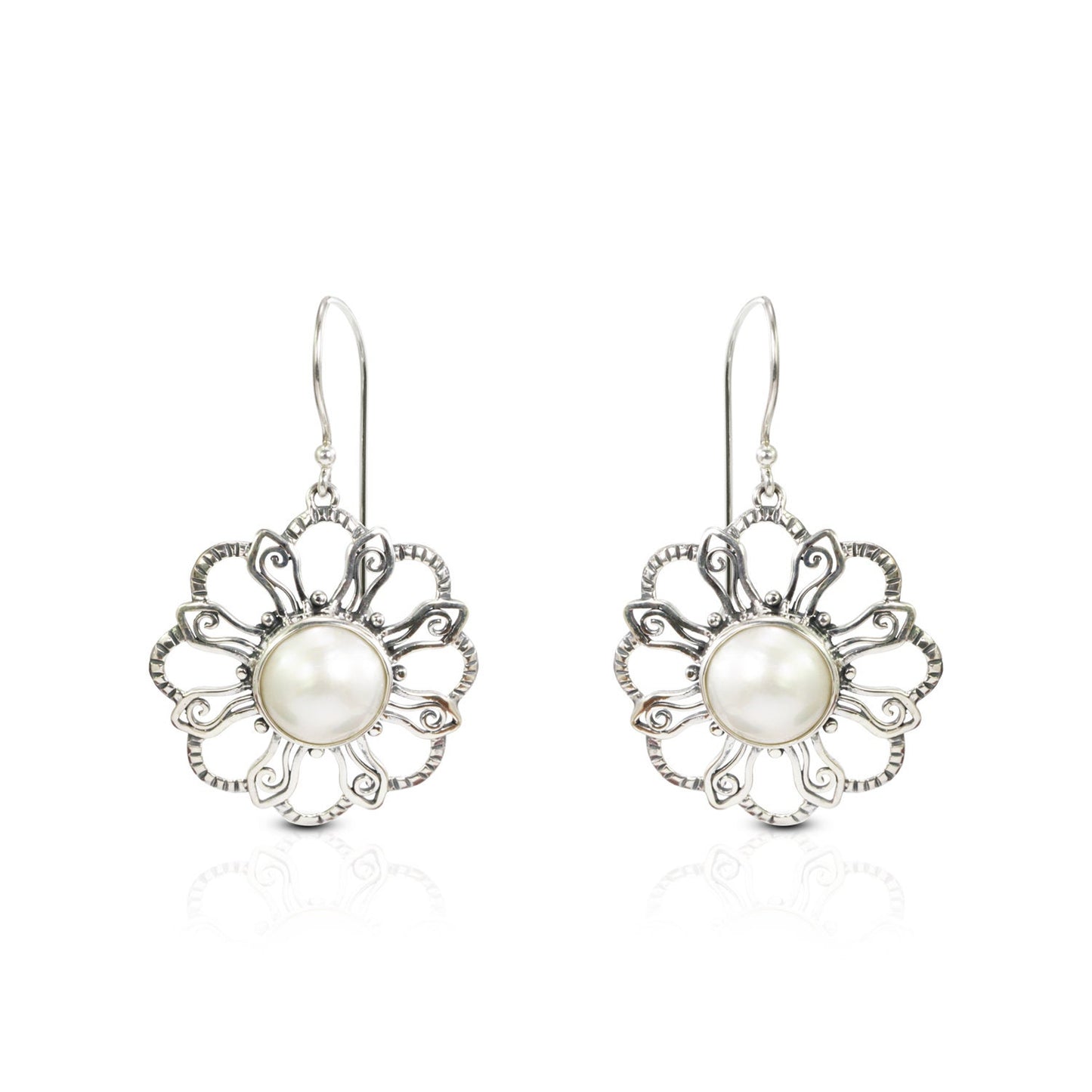 white mabe pearl earrings 925 sterling silver with bloom flower ornament