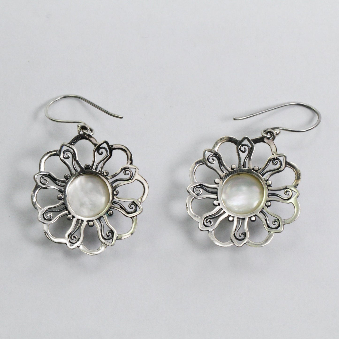 white mabe pearl earrings 925 sterling silver with bloom flower ornament