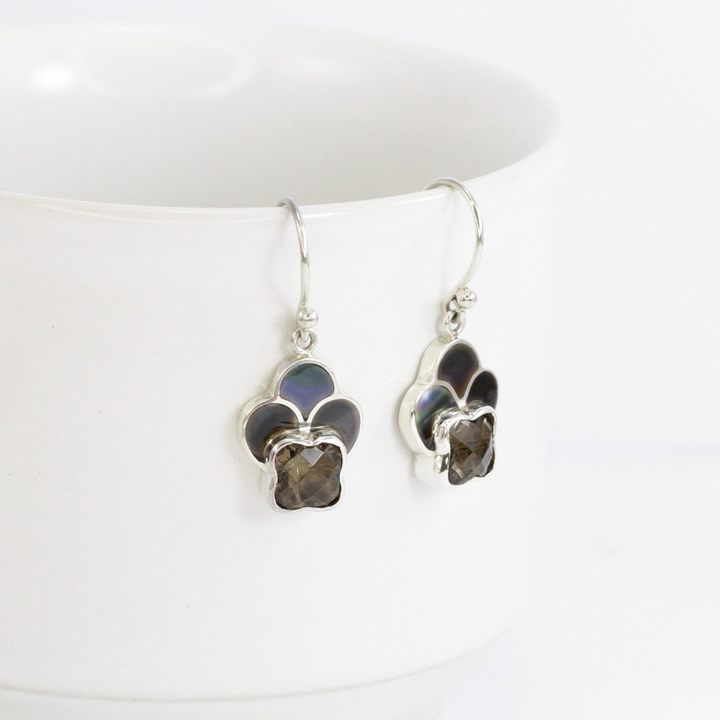 smoky quarts earrings 925 sterling silver with genuine black shell