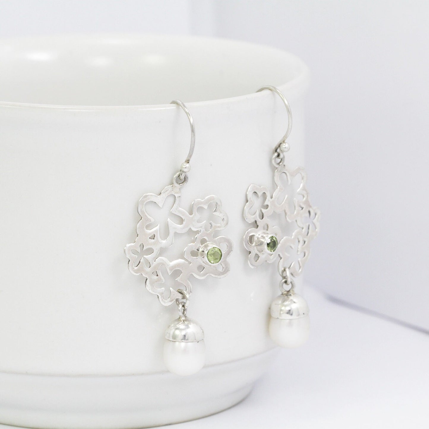 flower earrings 925 sterling silver with genuine green peridot and freshwater pearl drop