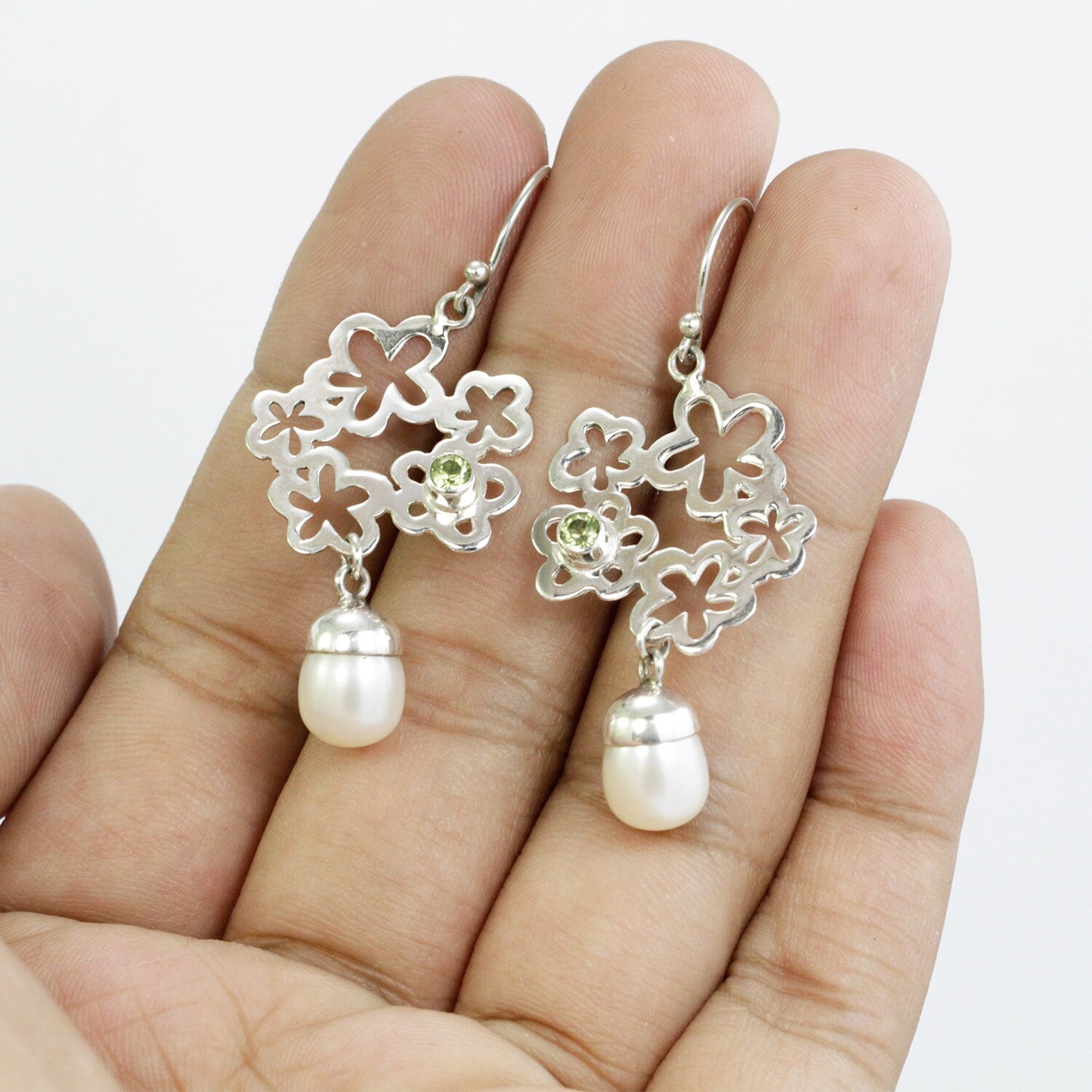 flower earrings 925 sterling silver with genuine green peridot and freshwater pearl drop