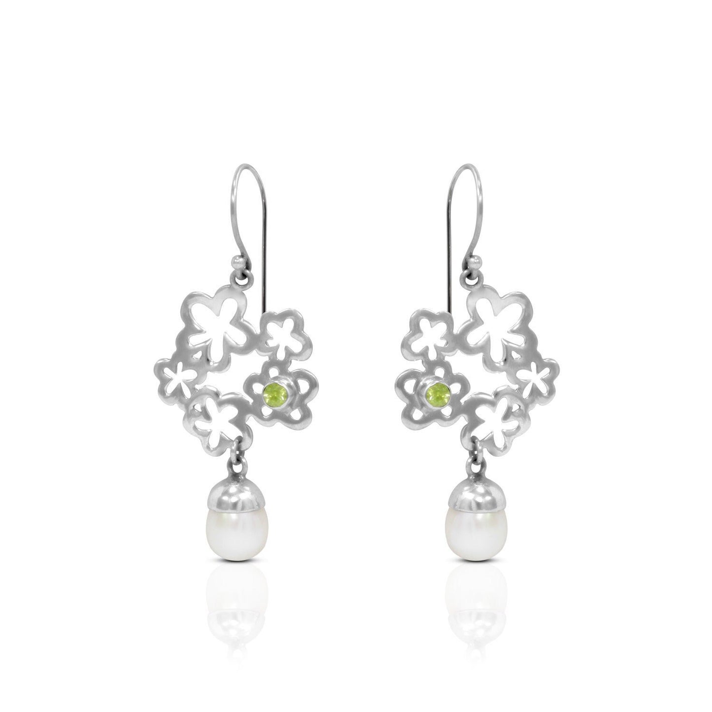 flower earrings 925 sterling silver with genuine green peridot and freshwater pearl drop