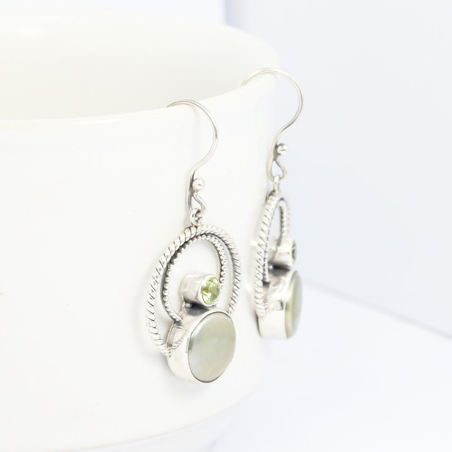 green pearl earrings 925 sterling silver with genuine green peridot decorated with cable rope
