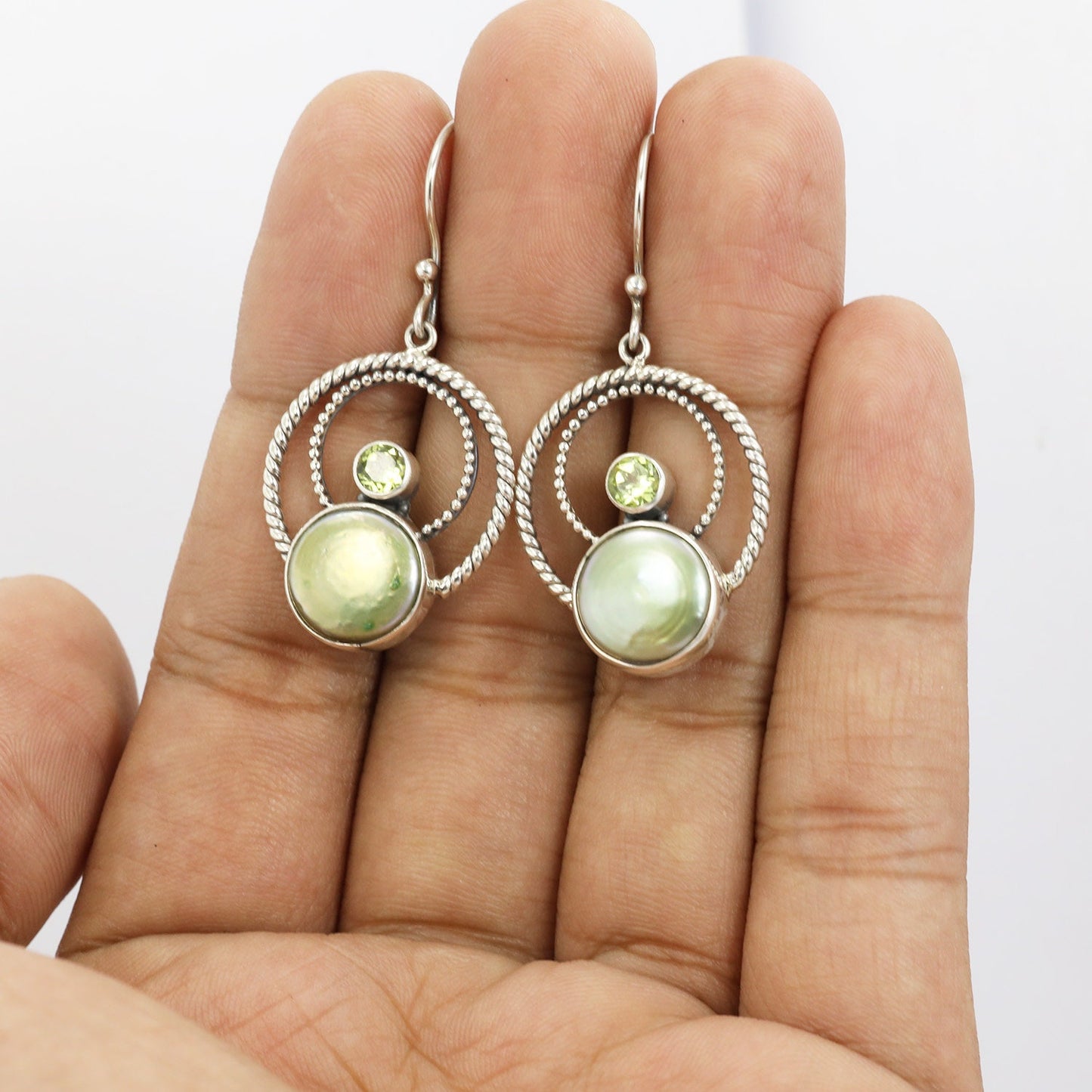 green pearl earrings 925 sterling silver with genuine green peridot decorated with cable rope