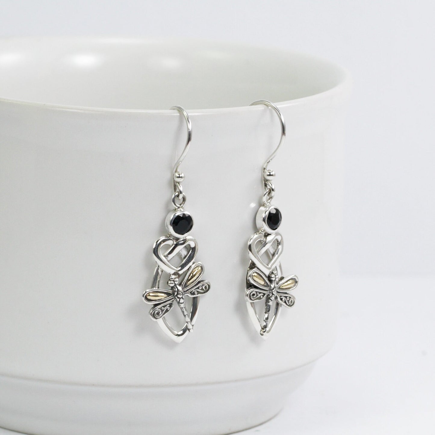 Celtic earrings 925 sterling silver decorated with genuine black onyx , dragonfly ornament and 18K yellow gold