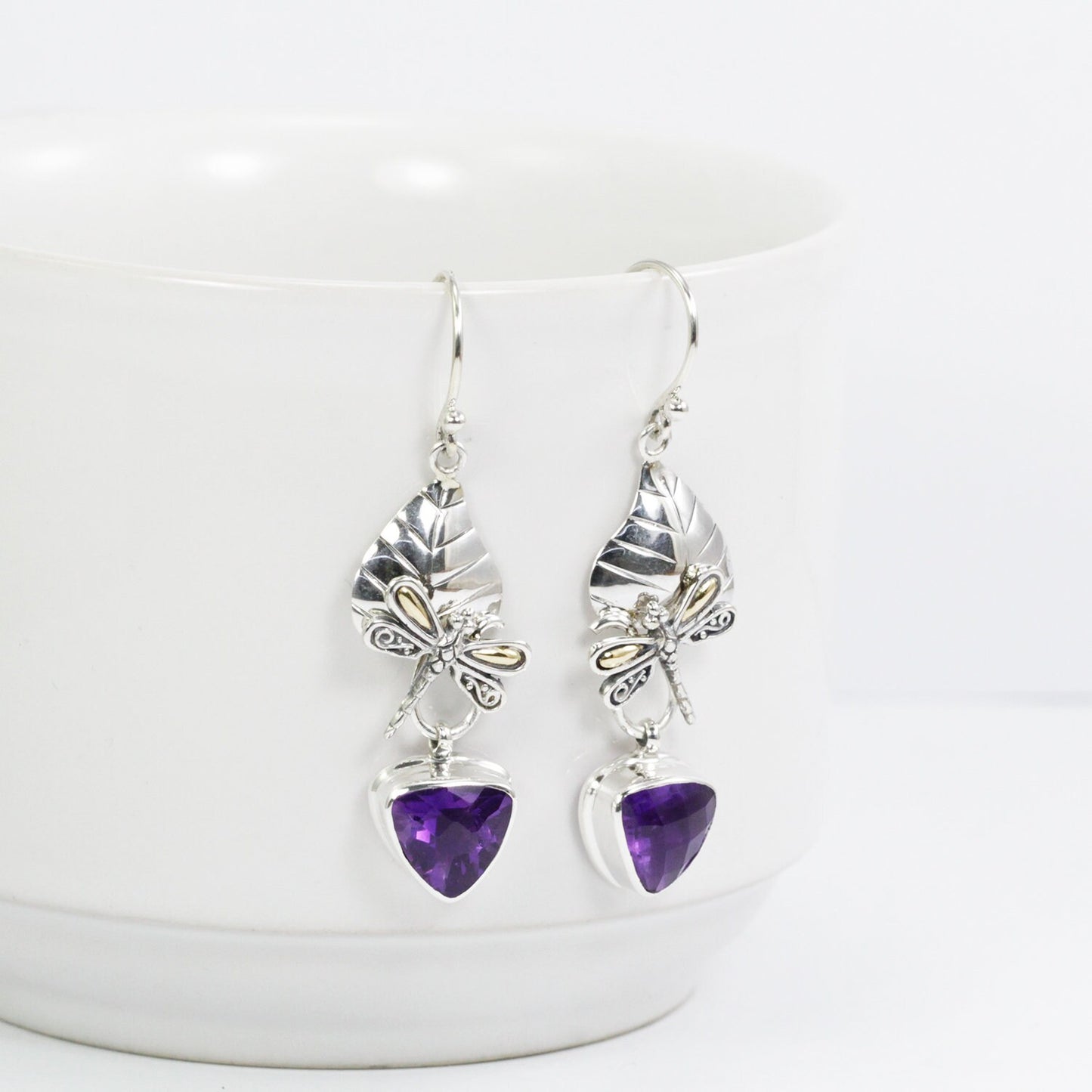 silver leaf earrings dangle 925 sterling silver with genuine African amethyst dragonfly ornament 18K yellow gold