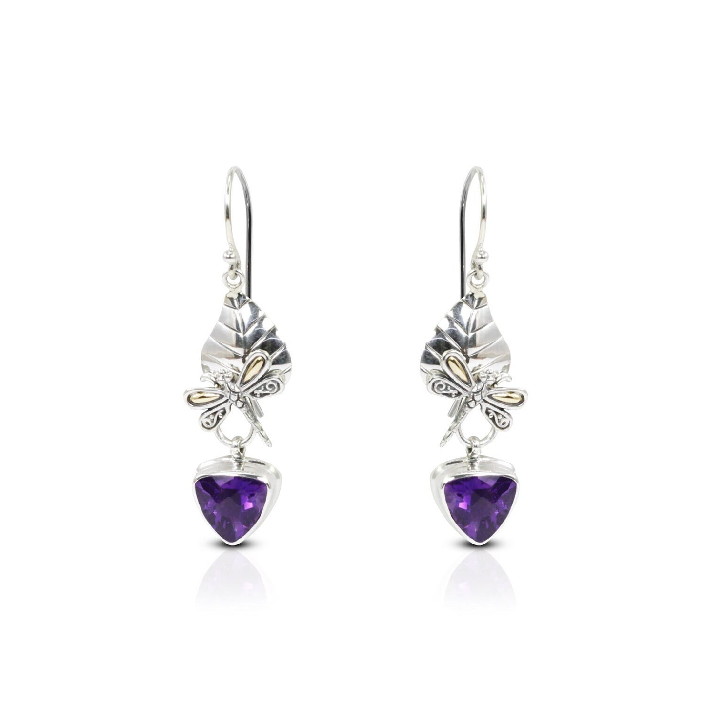 silver leaf earrings dangle 925 sterling silver with genuine African amethyst dragonfly ornament 18K yellow gold
