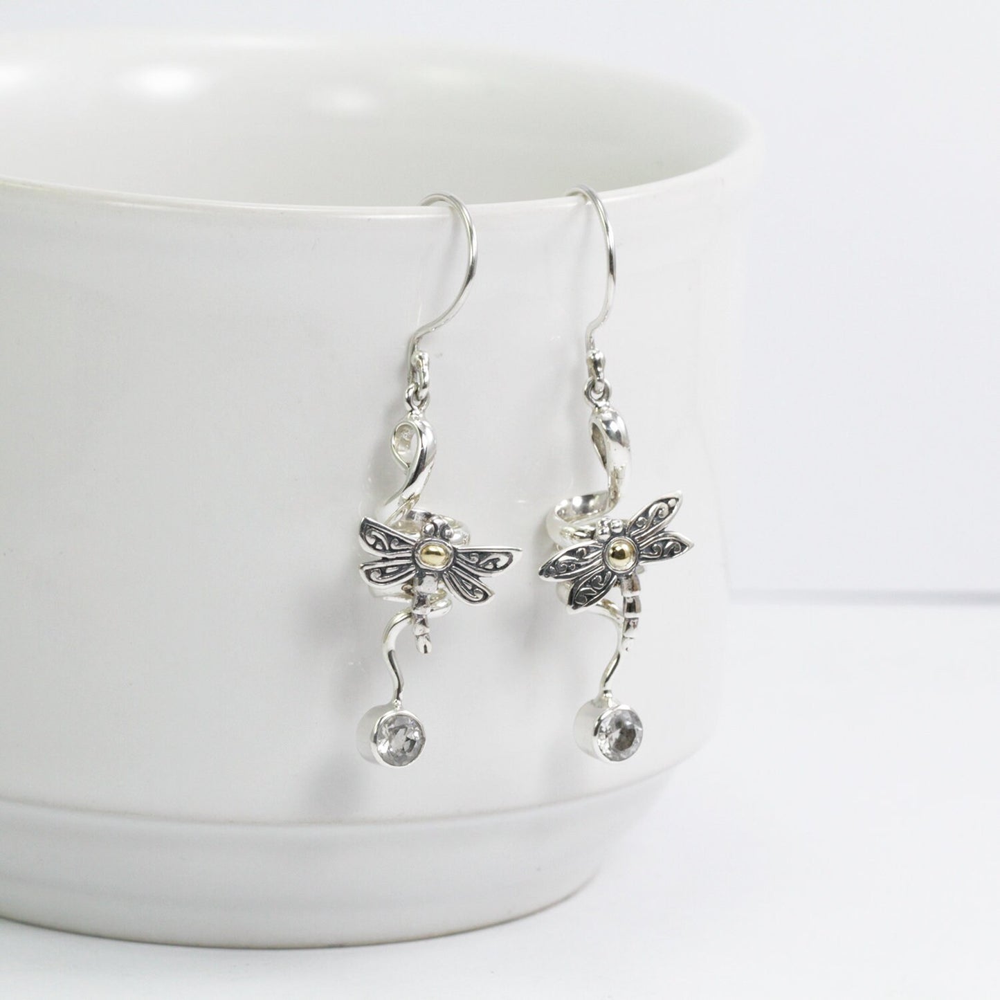 Dragonfly earrings 925 sterling silver with natural white crystal and elegance swirl dangle