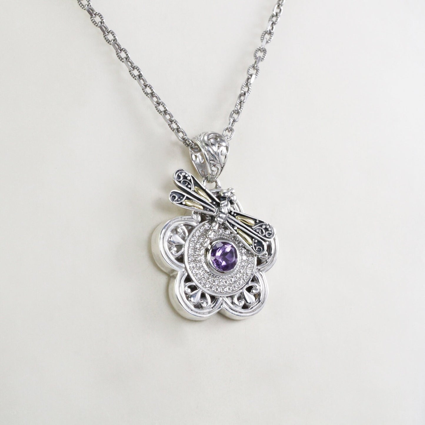 flower pendant necklace set in 925 sterling silver and 18k gold with genuine amethyst decorated with dragonfly ornament