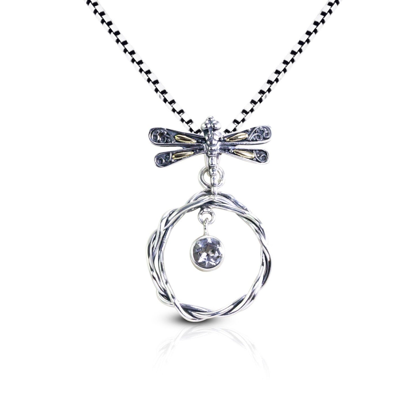 dragonfly pendant necklace 925 sterling silver and 18k gold with genuine white topaz