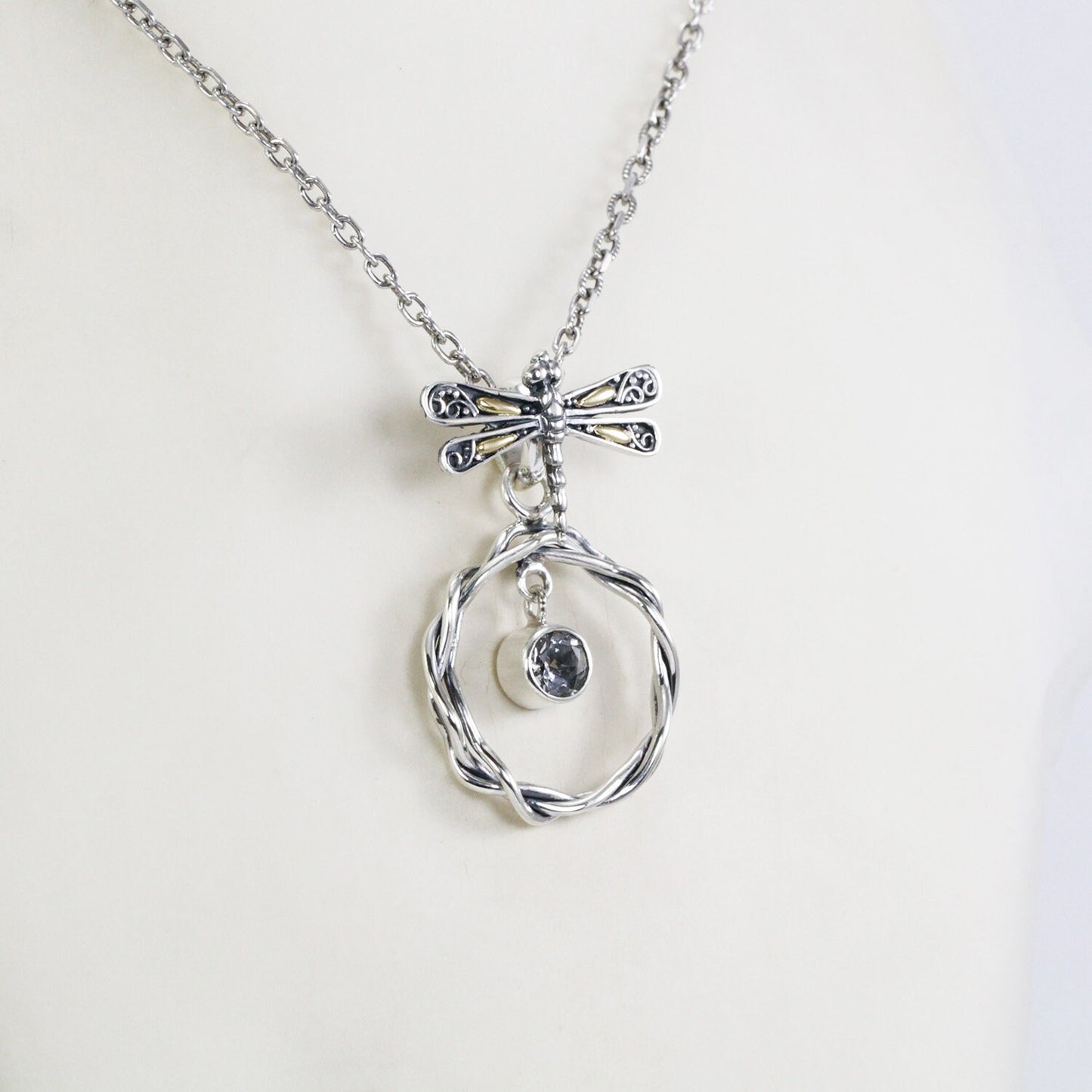 dragonfly pendant necklace 925 sterling silver and 18k gold with genuine white topaz