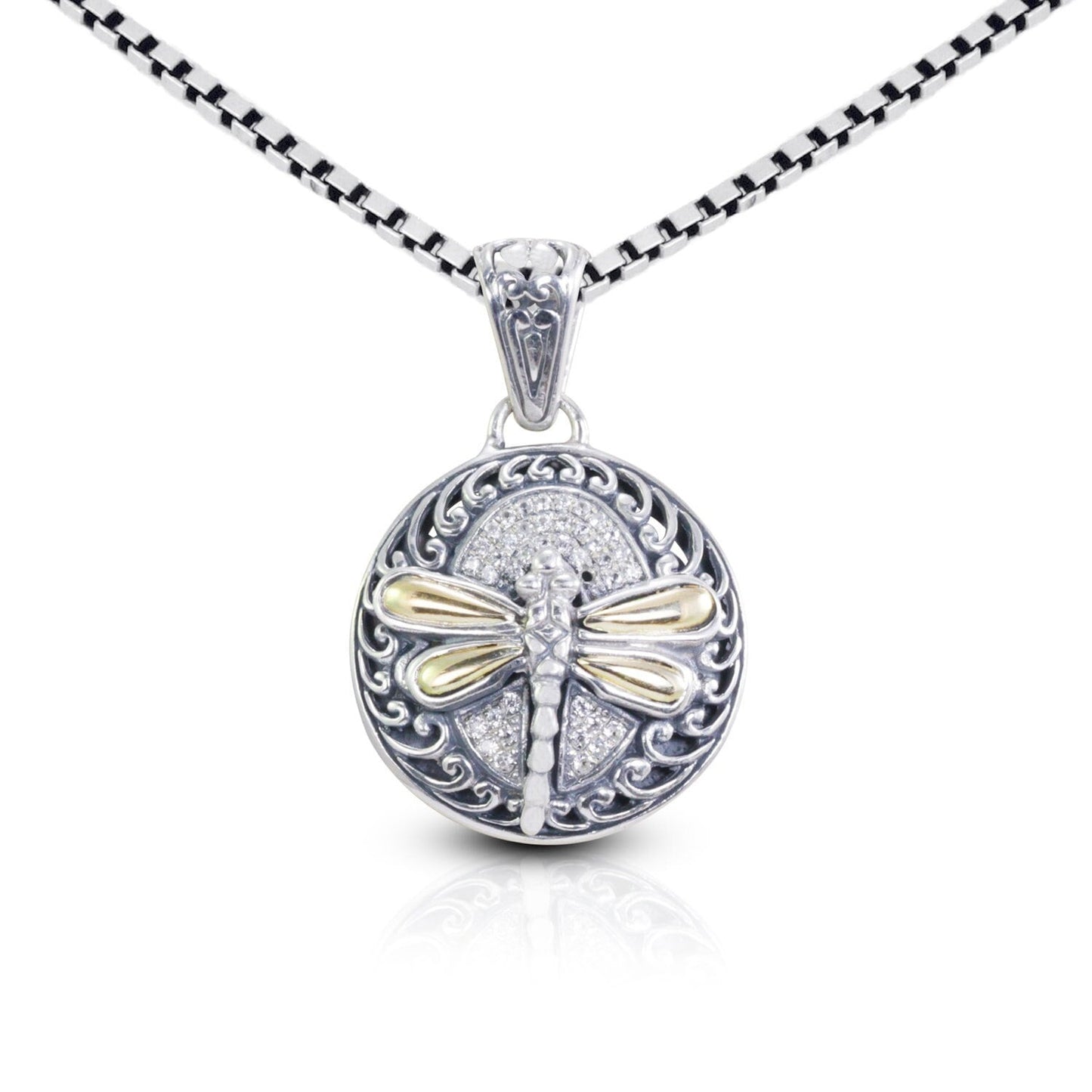 Dragonfly pendant in 925 sterling silver and 18 yellow gold decorated with swirl filigree ornament