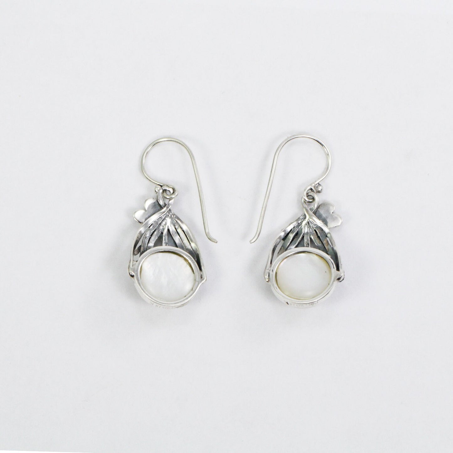 white mabe pearl earrings 925 sterling silver decorated with dragonfly on root filigree ornament