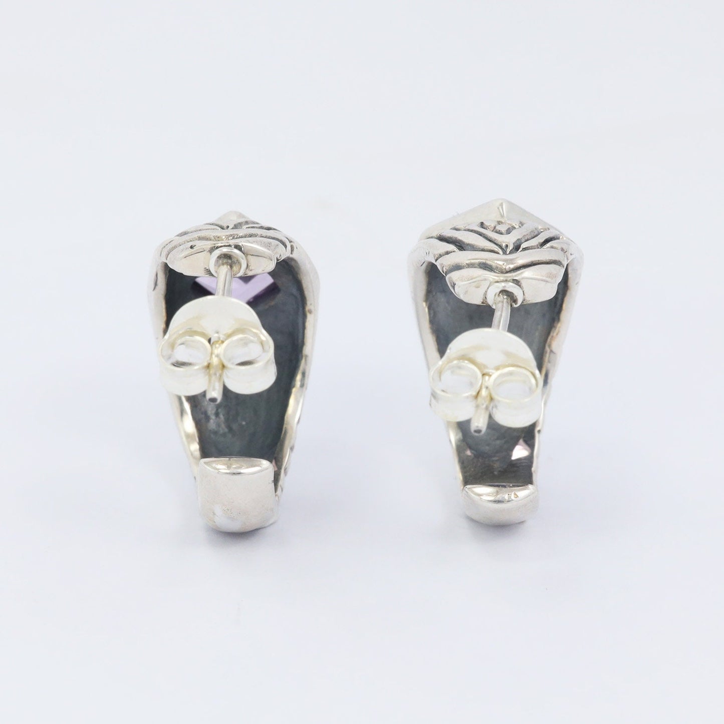 Hoops earrings 925 sterling silver with genuine square amethyst