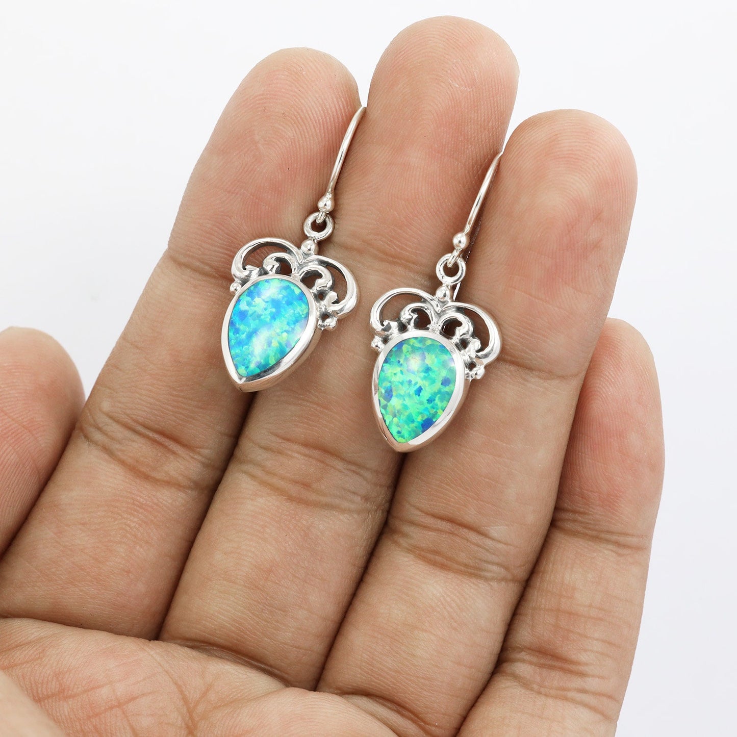 simulated Opal Earrings in 925 Sterling Silver decorated with Balinese Ornament