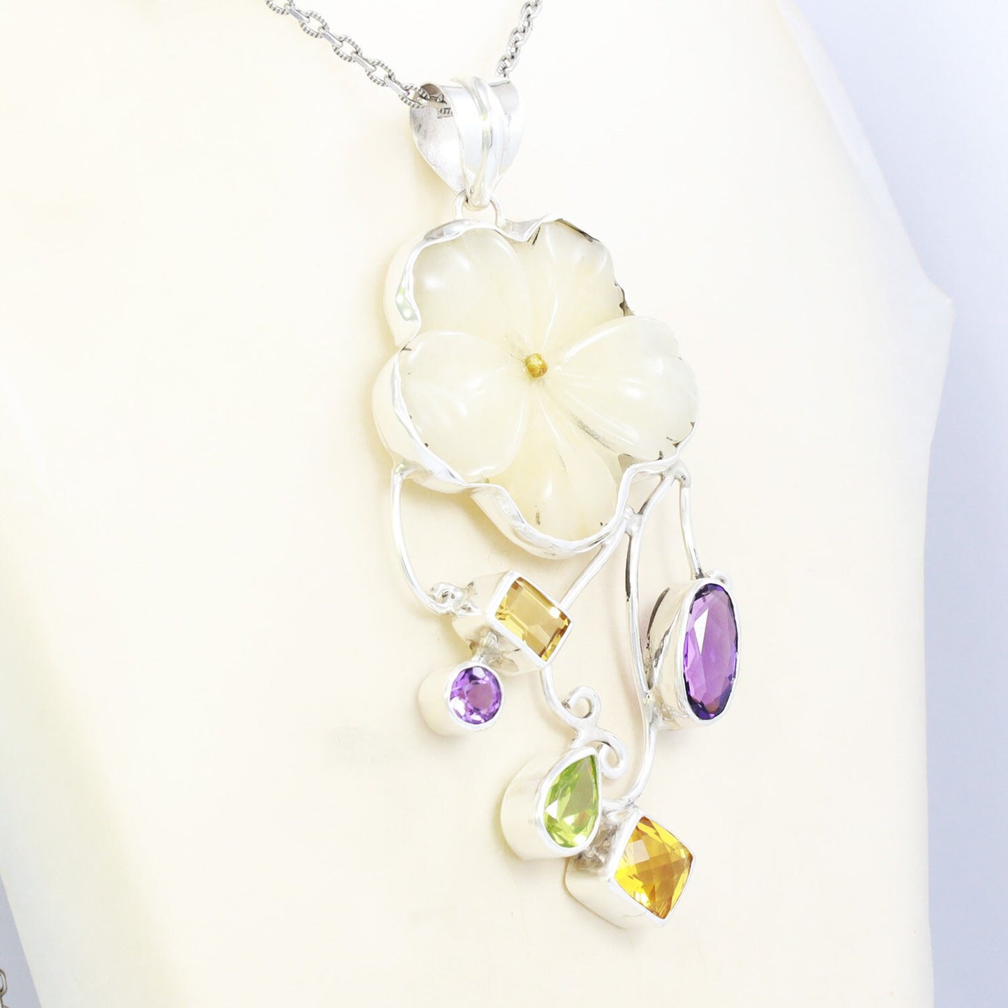 flower pendant necklace set in 925 sterling silver with multi stone bezel set