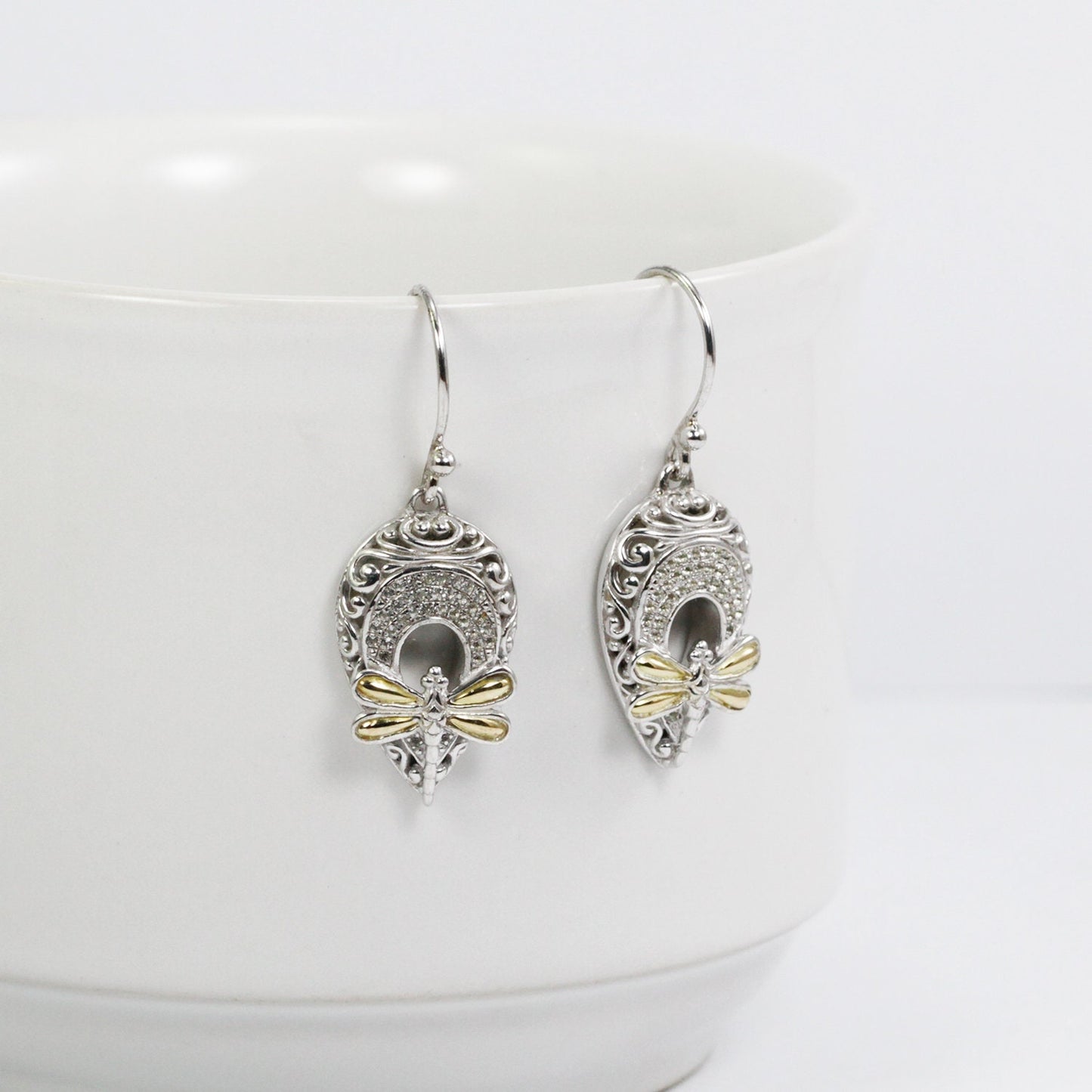 Dragonfly earrings drop 925 sterling silver with 18K yellow gold and white stone pave