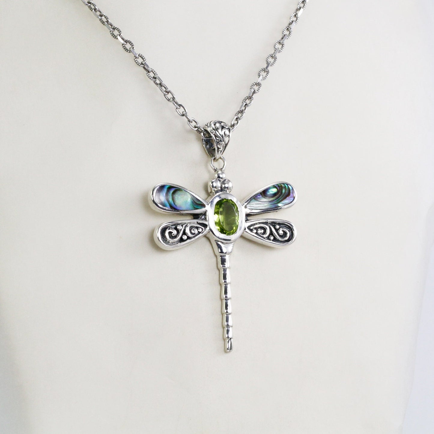 Dragonfly pendant 925 sterling silver with genuine green peridot and abalone shell decorated with swirl filigree
