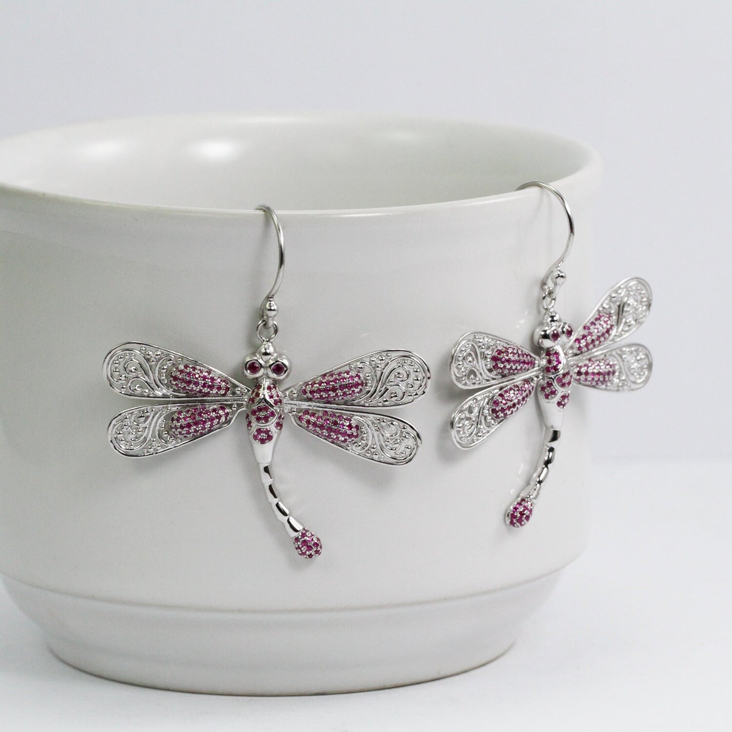 dragonfly earrings 925 sterling silver decorated with genuine red ruby pave setting