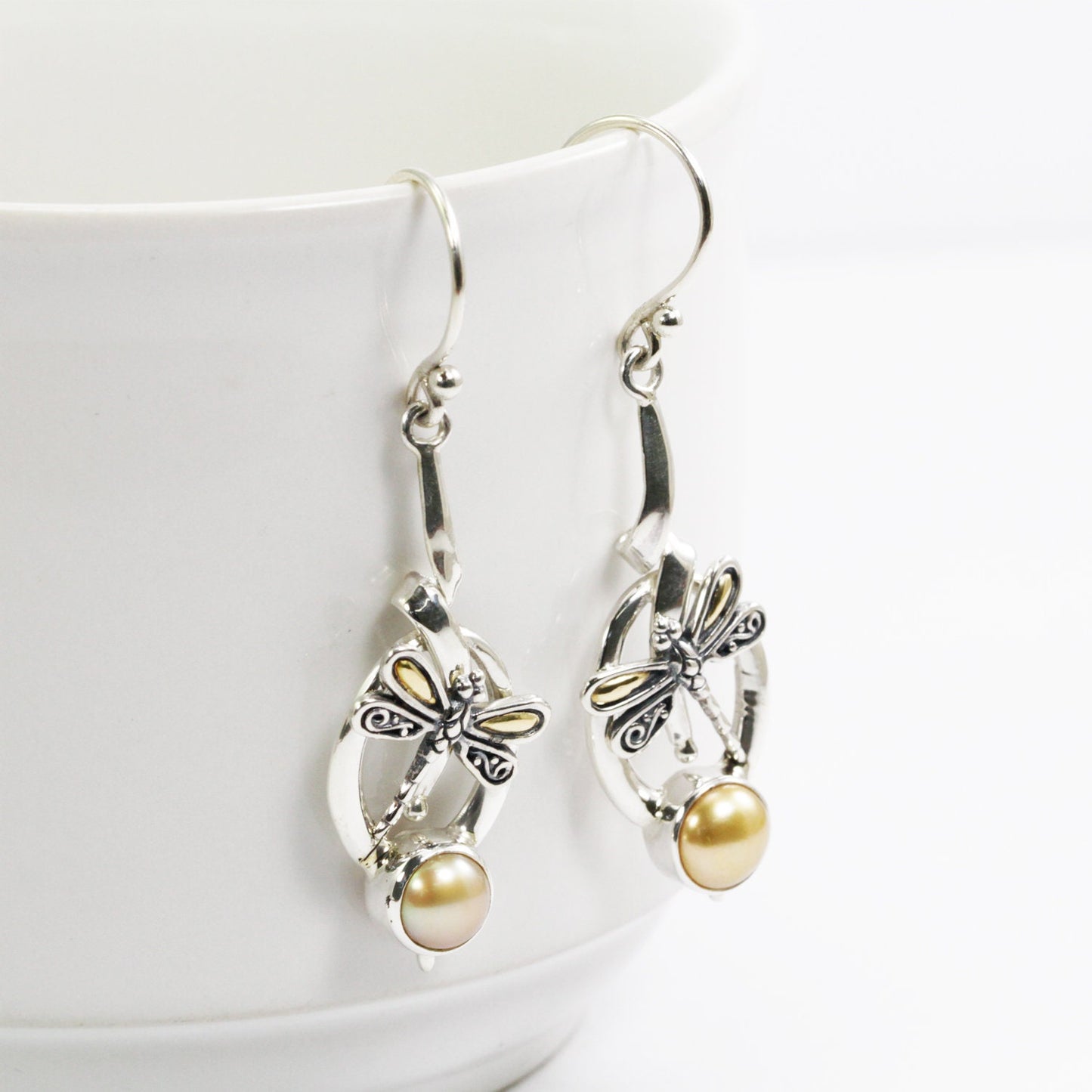 yellow pearl earrings 925 sterling silver decorated with 18K yellow gold ornament