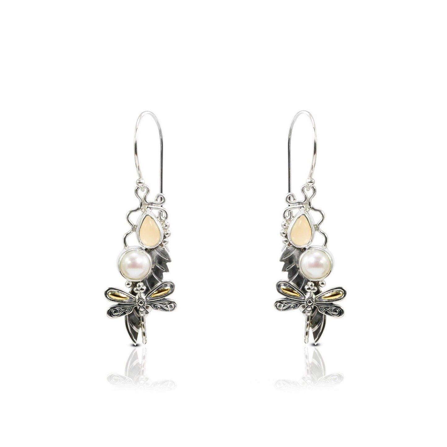 dragonfly earrings dangle 925 sterling silver with genuine citrine and freshwater pearl leaf filigree ornament