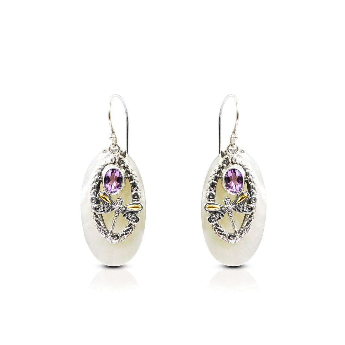 amethyst earrings 925 sterling silver with 18K yellow gold dragonfly and natural white shell