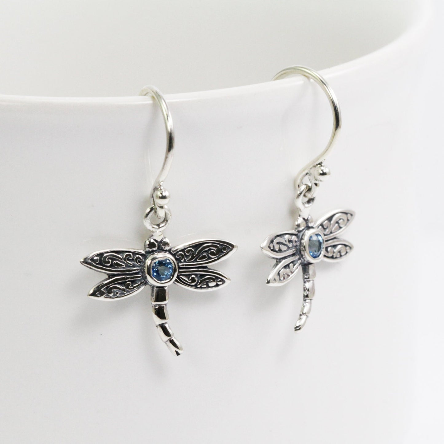 tiny dragonfly earrings 925 sterling silver decorated genuine blue topaz