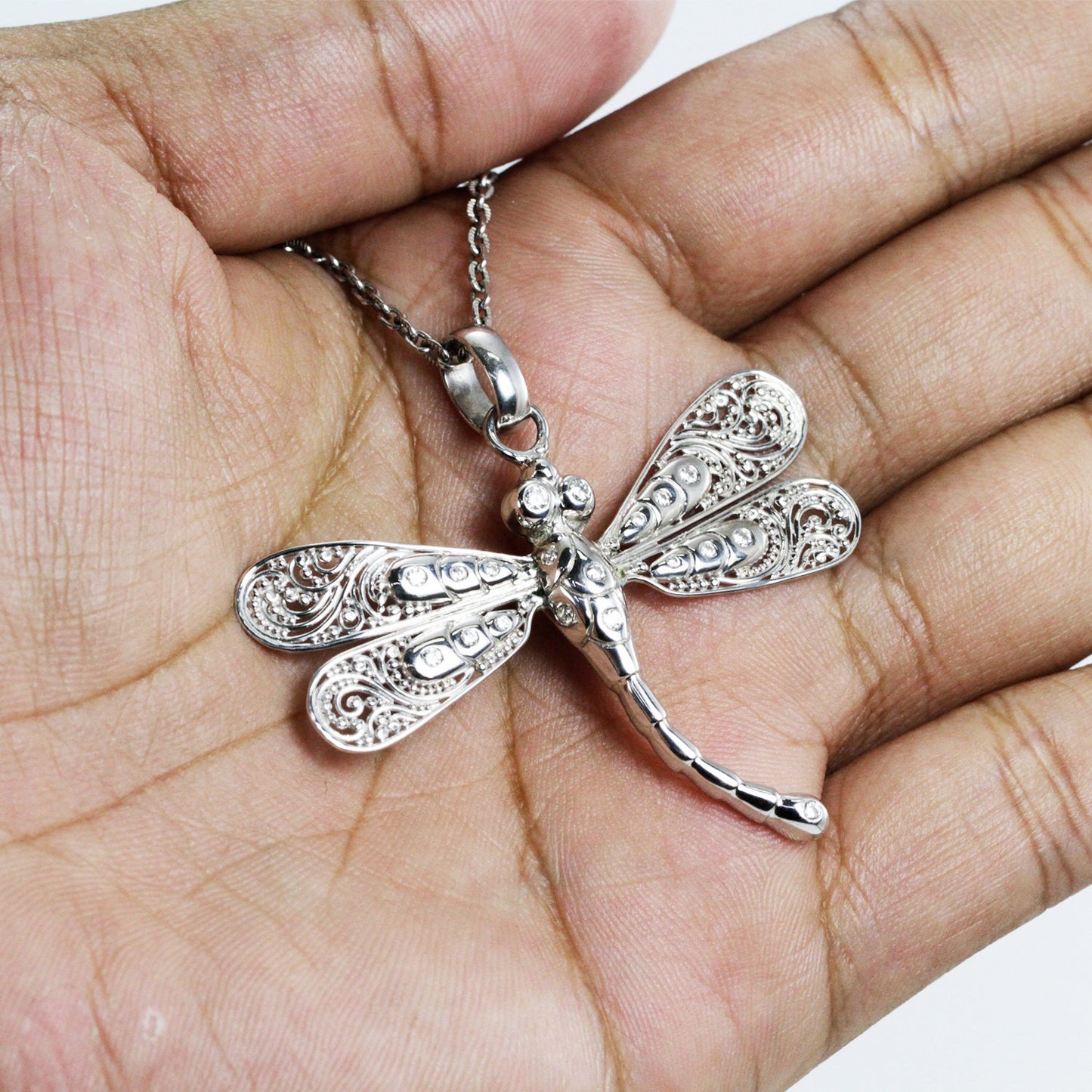 Dragonfly pendant 925 sterling silver with genuine white zircon decorated with open work filigree