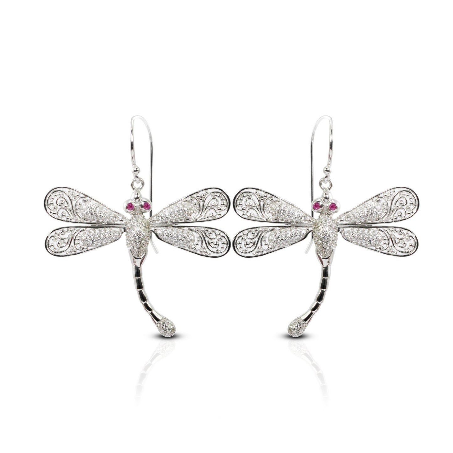 dragonfly earrings 925 sterling silver decorated with genuine red ruby and open work filigree