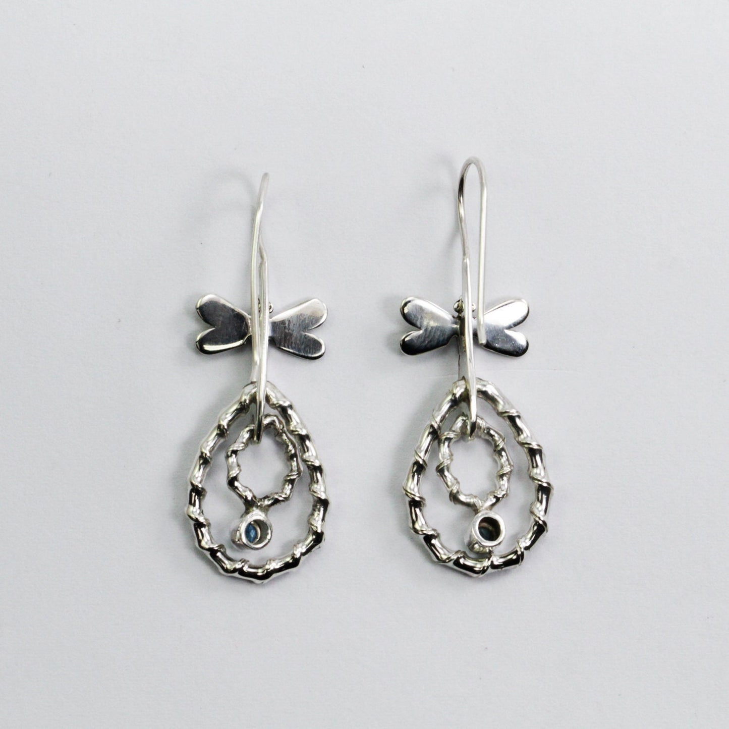 dangle drop earrings 925 sterling silver with genuine blue topaz and 18K yellow gold dragonfly ornament