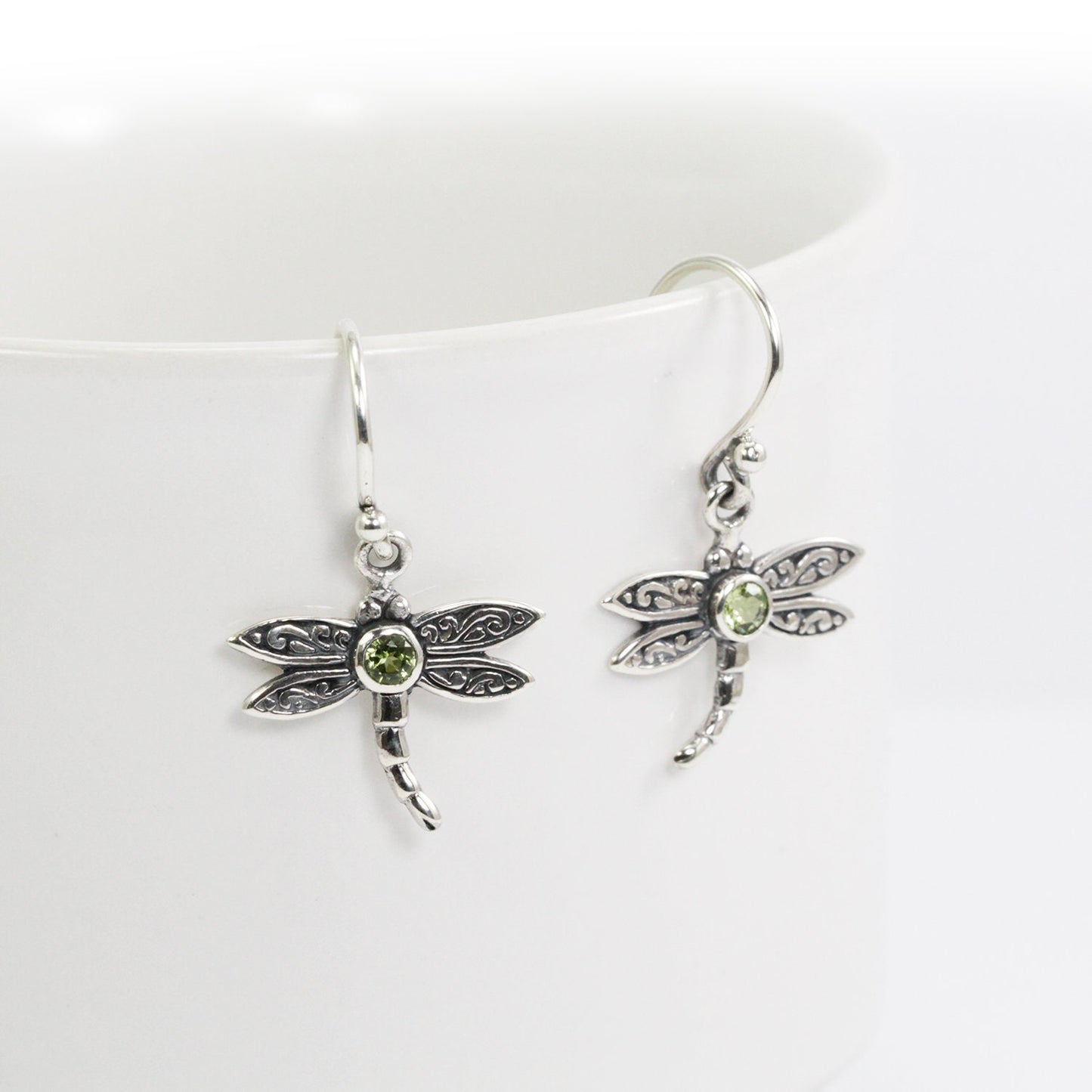 tiny dragonfly earrings 925 sterling silver decorated genuine green peridot