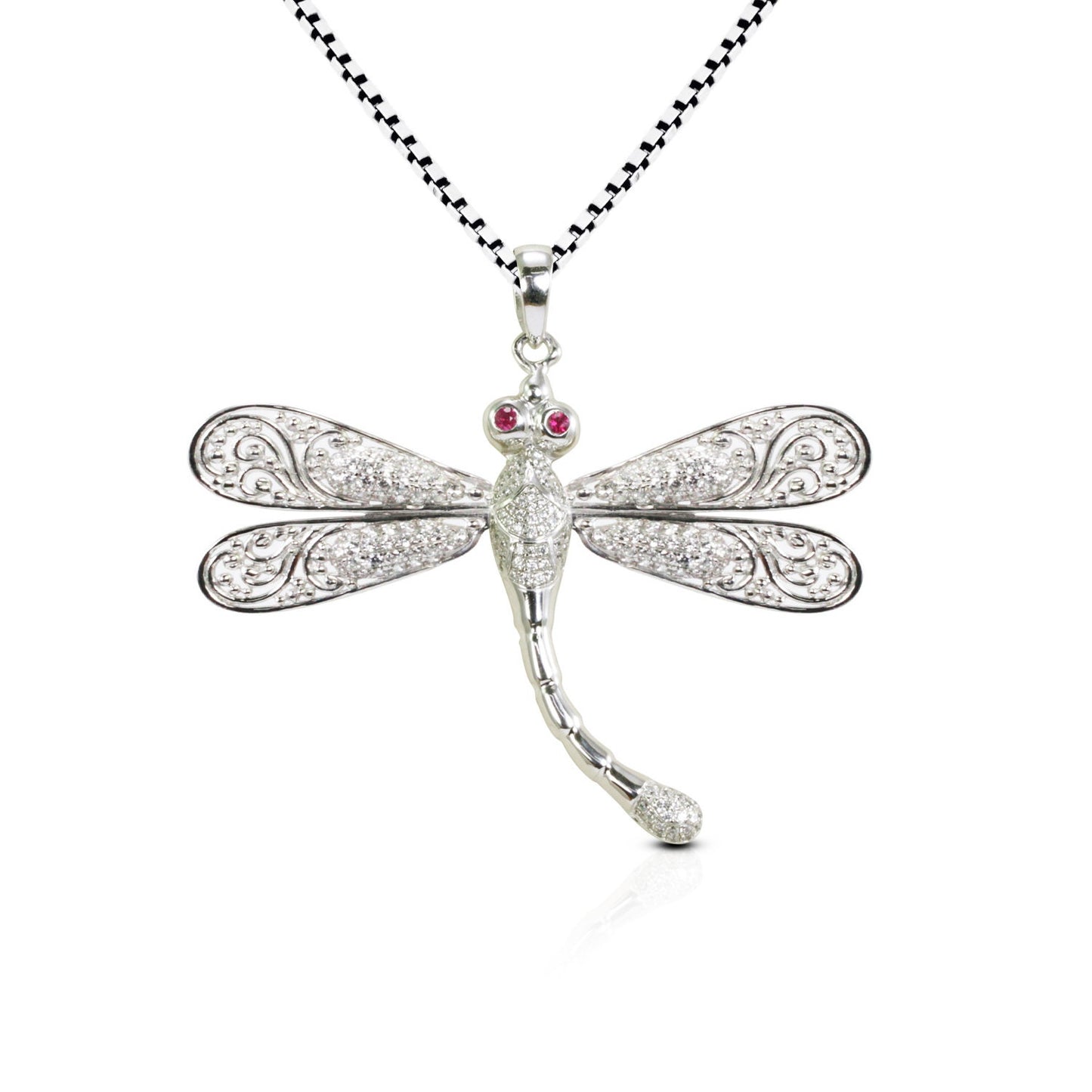 Dragonfly pendant 925 sterling silver with genuine ruby and white zircon decorated with open work filigree
