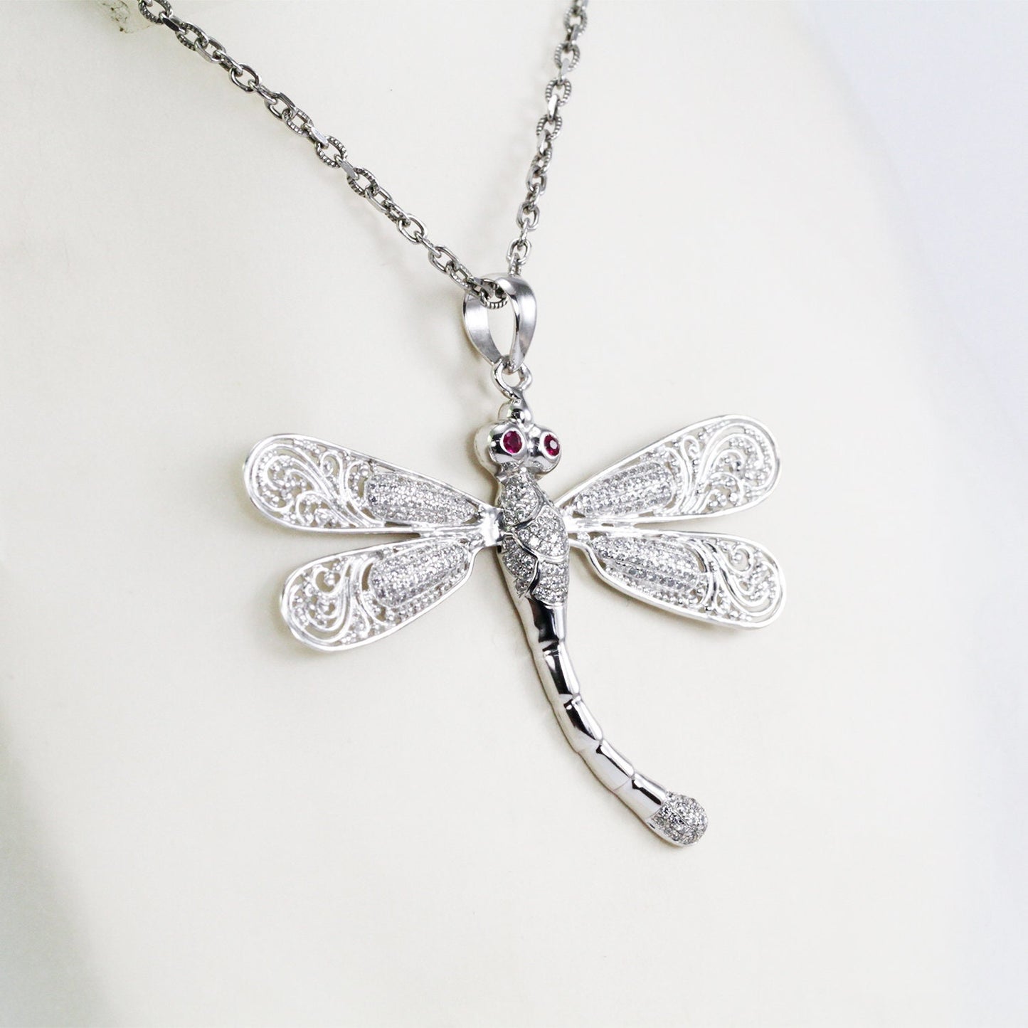 Dragonfly pendant 925 sterling silver with genuine ruby and white zircon decorated with open work filigree