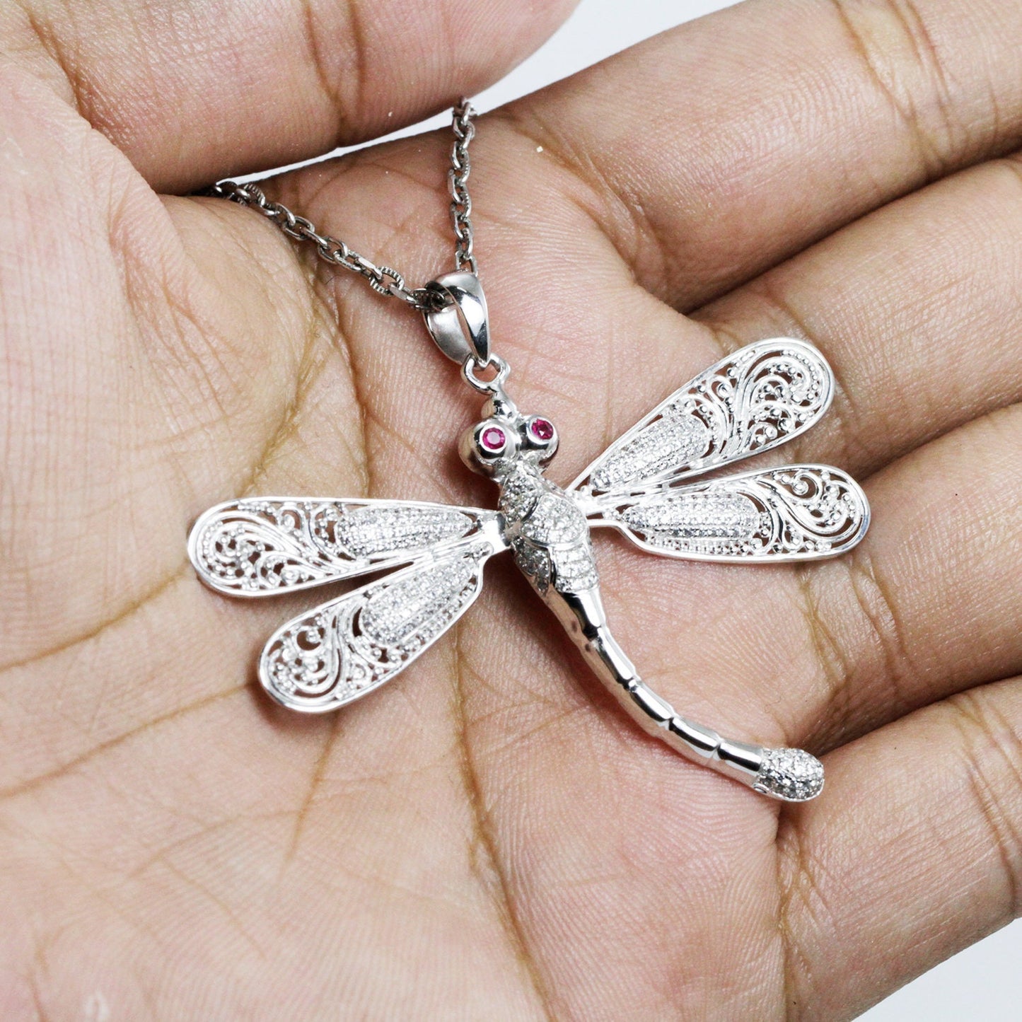Dragonfly pendant 925 sterling silver with genuine ruby and white zircon decorated with open work filigree