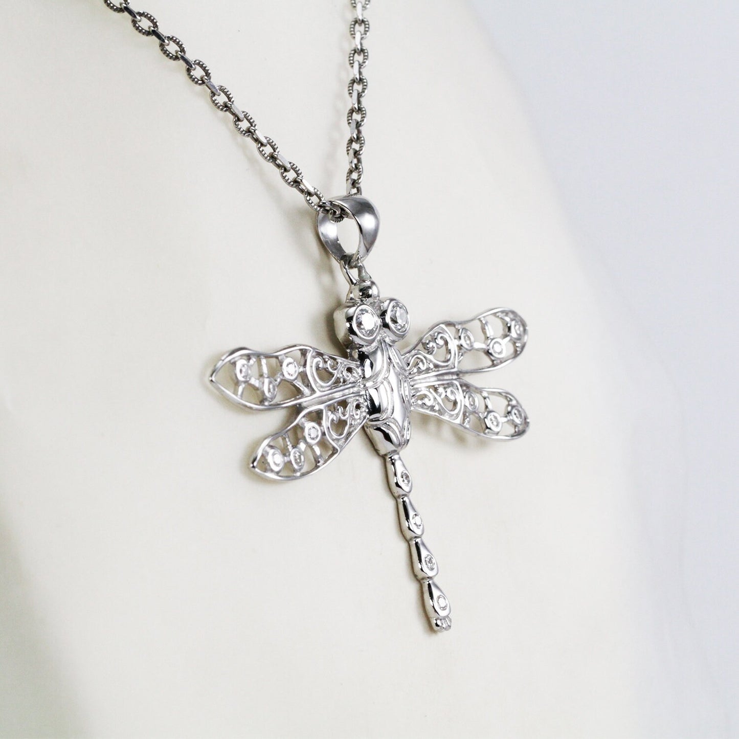Dragonfly pendant 925 sterling silver with white zircon decorated with open work filigree