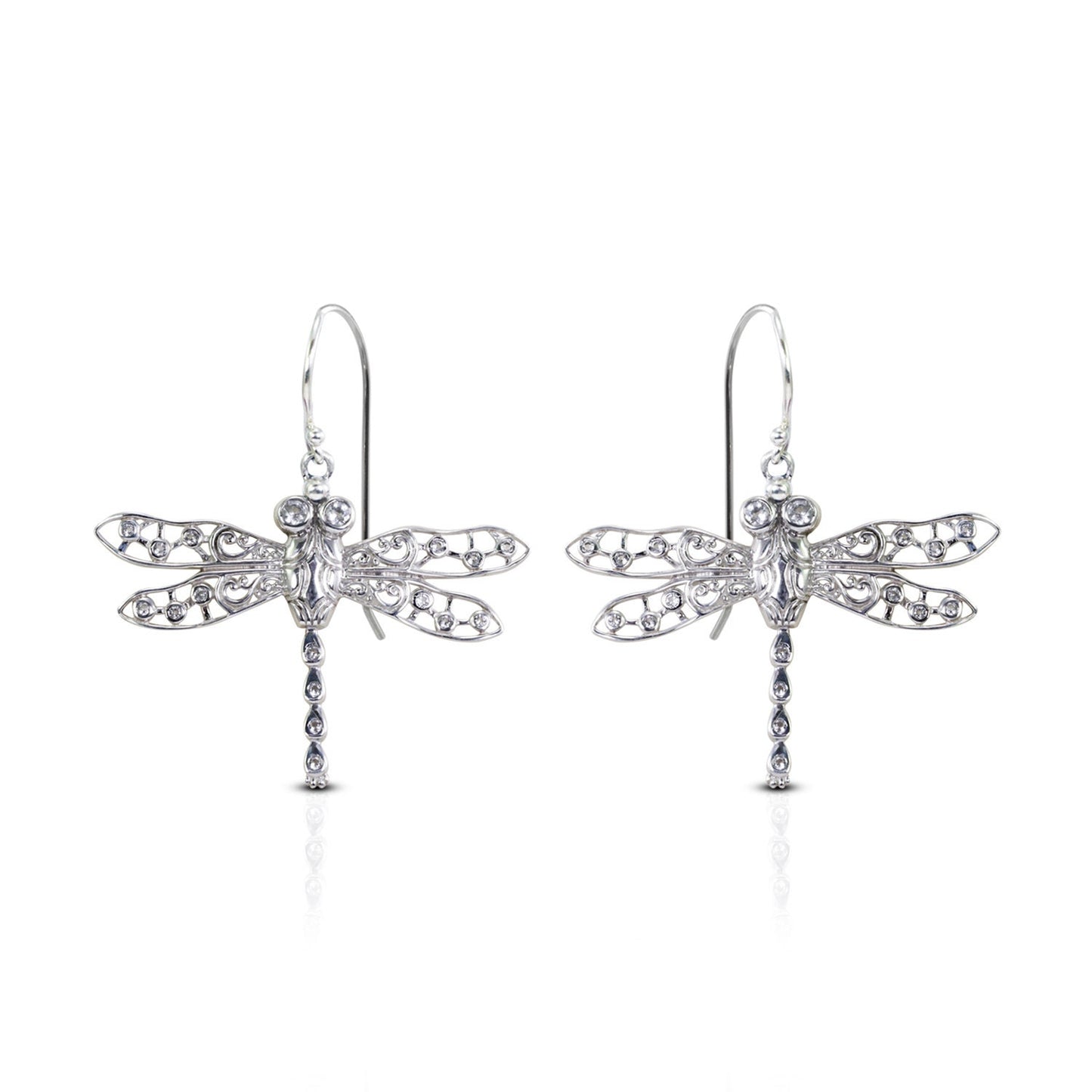 dragonfly earrings 925 sterling silver decorated with open work filigree and white zircon