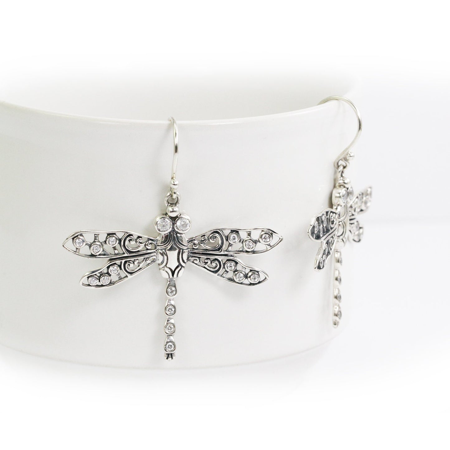 dragonfly earrings 925 sterling silver decorated with open work filigree and white zircon