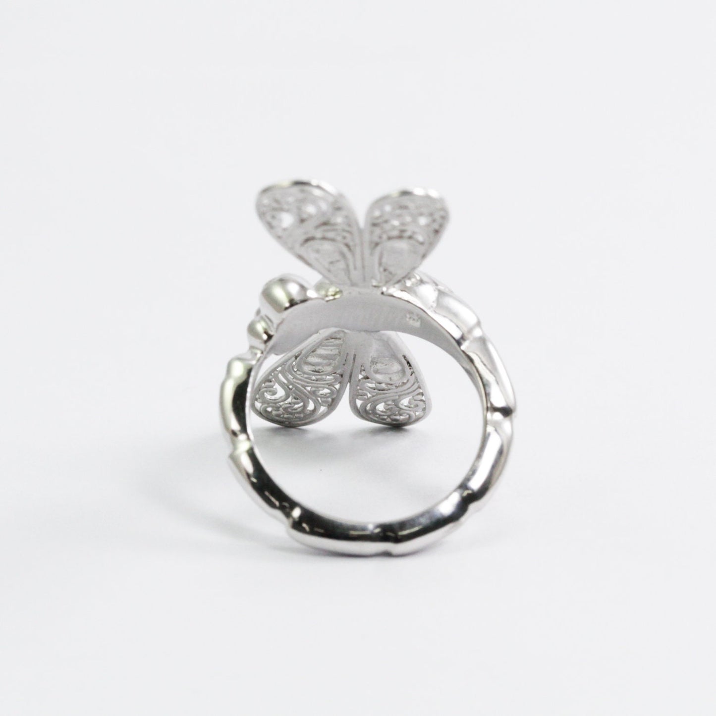 Dragonfly ring 925 sterling silver decorated with white crystal and open work filigree ornament