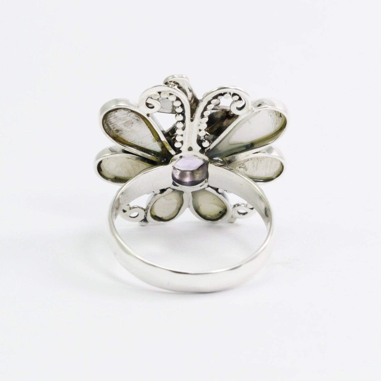 Dragonfly ring 925 sterling silver decorated with genuine amethyst and white shell and 18K yellow gold