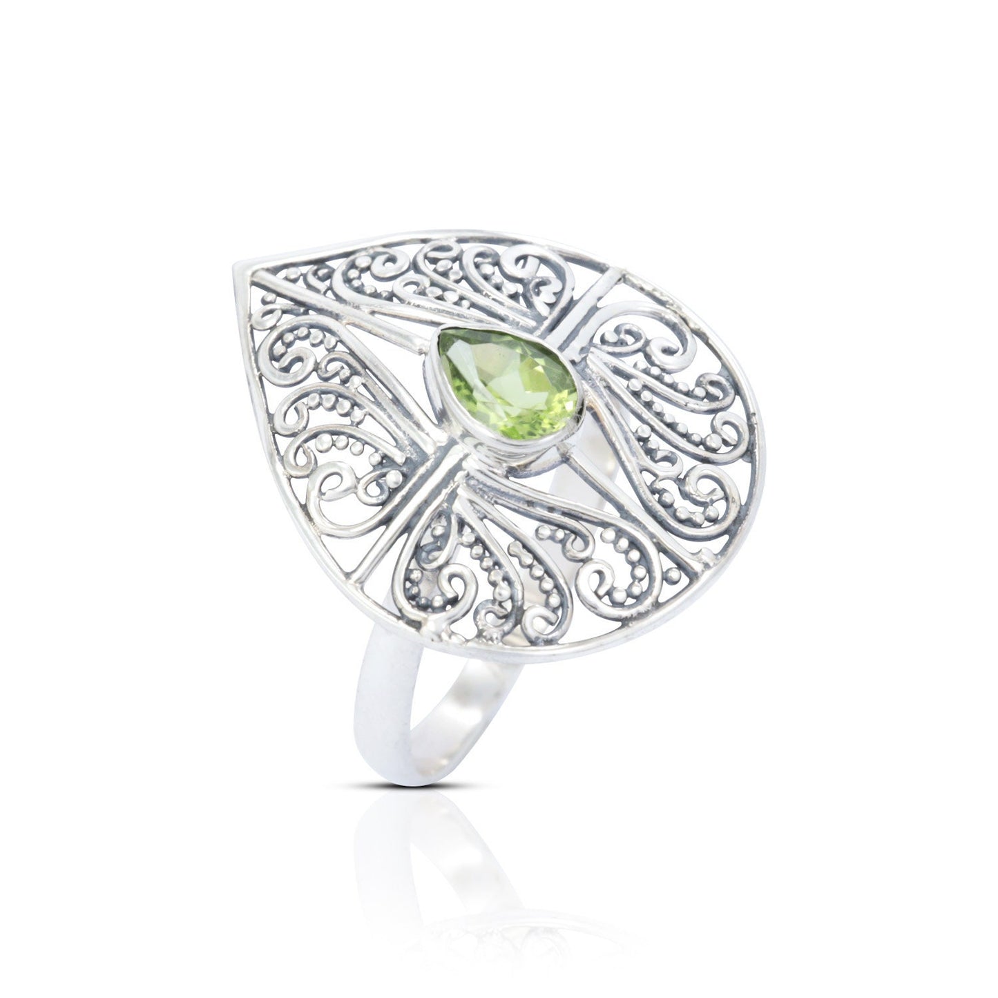 filigree ring 925 sterling silver handmade open work with genuine blue topaz tear drop shape